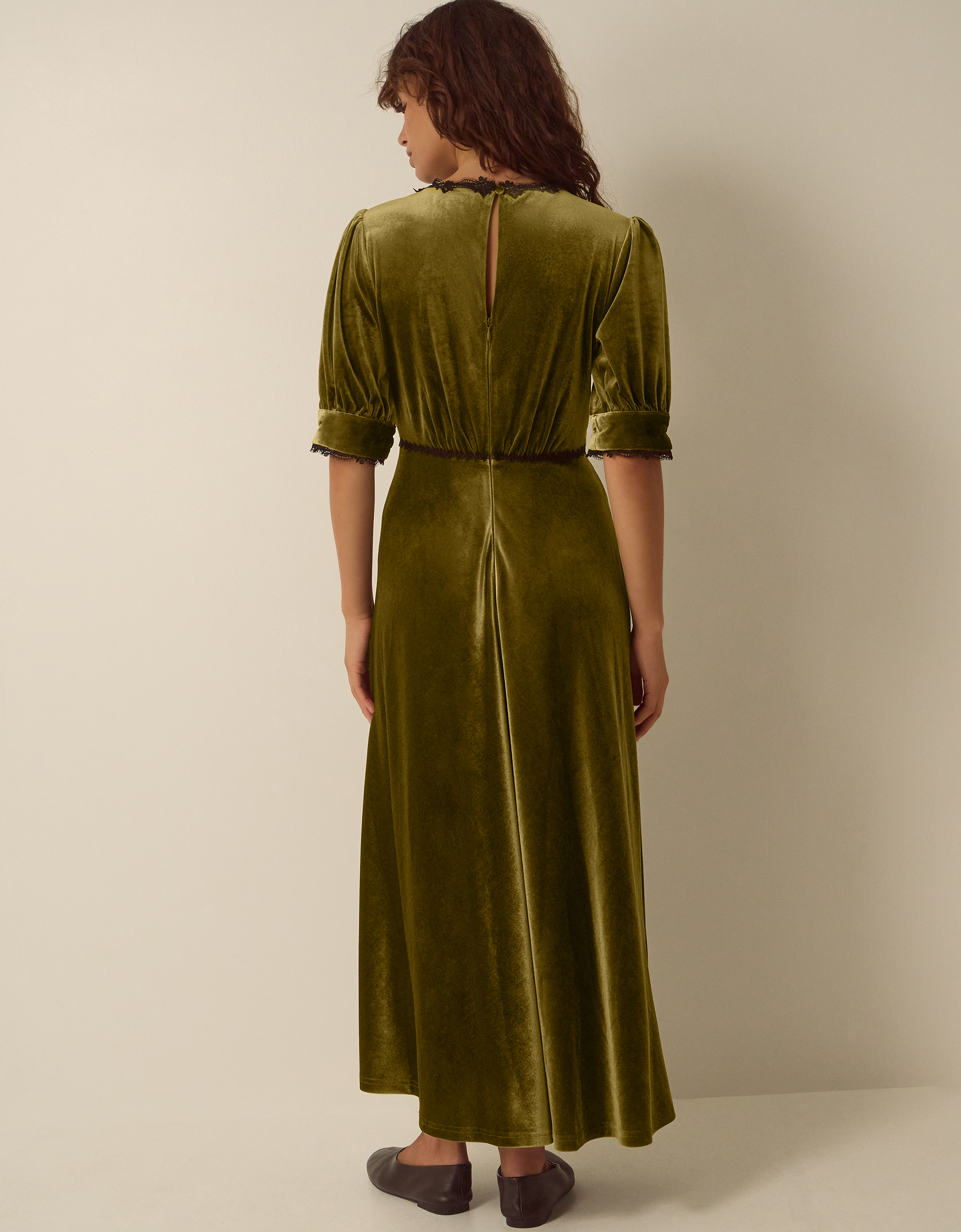 Monsoon Vera V-Neck Velvet Midi Dress in Green, view 4