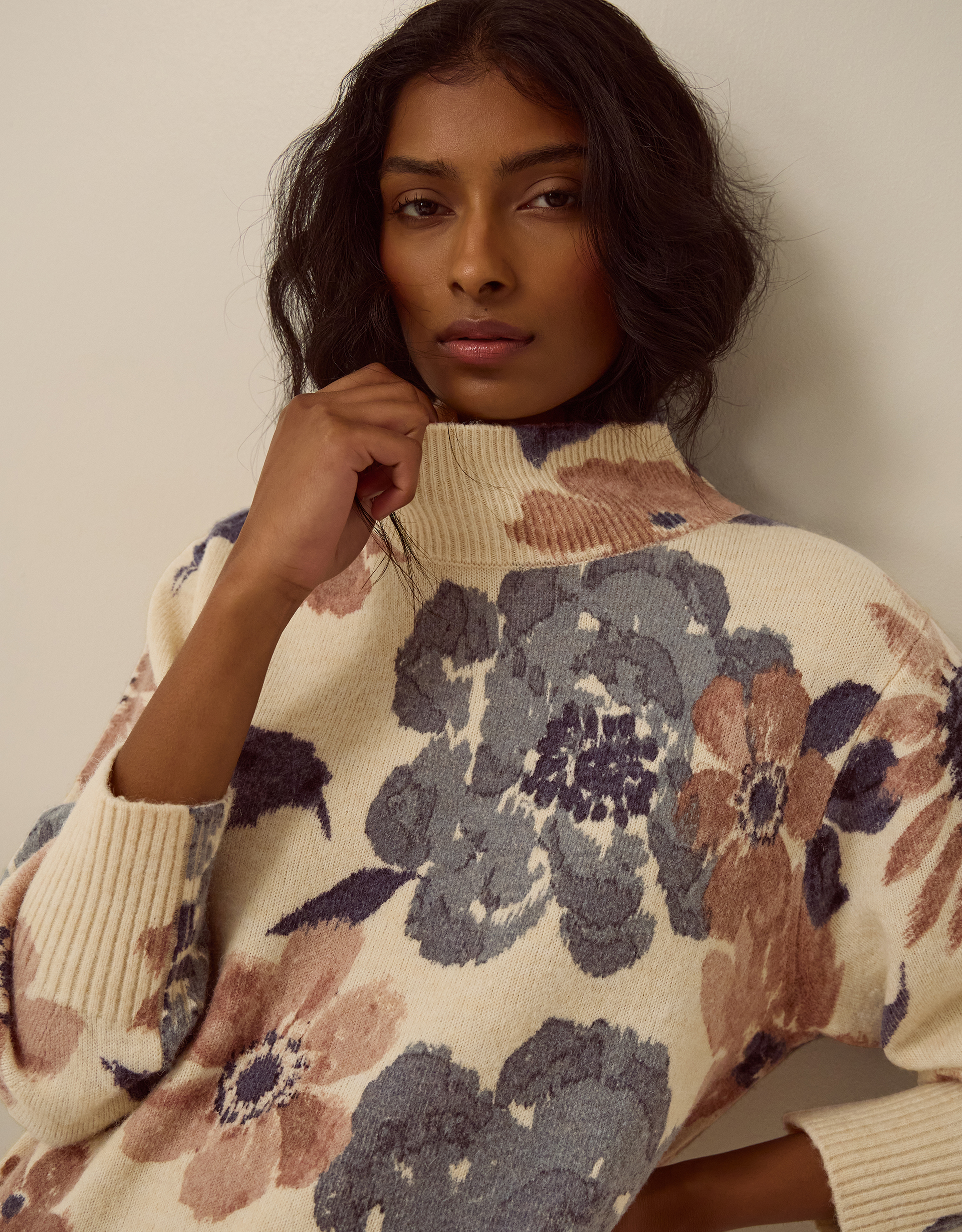 Monsoon Olive High Neck Floral Jumper, view 2