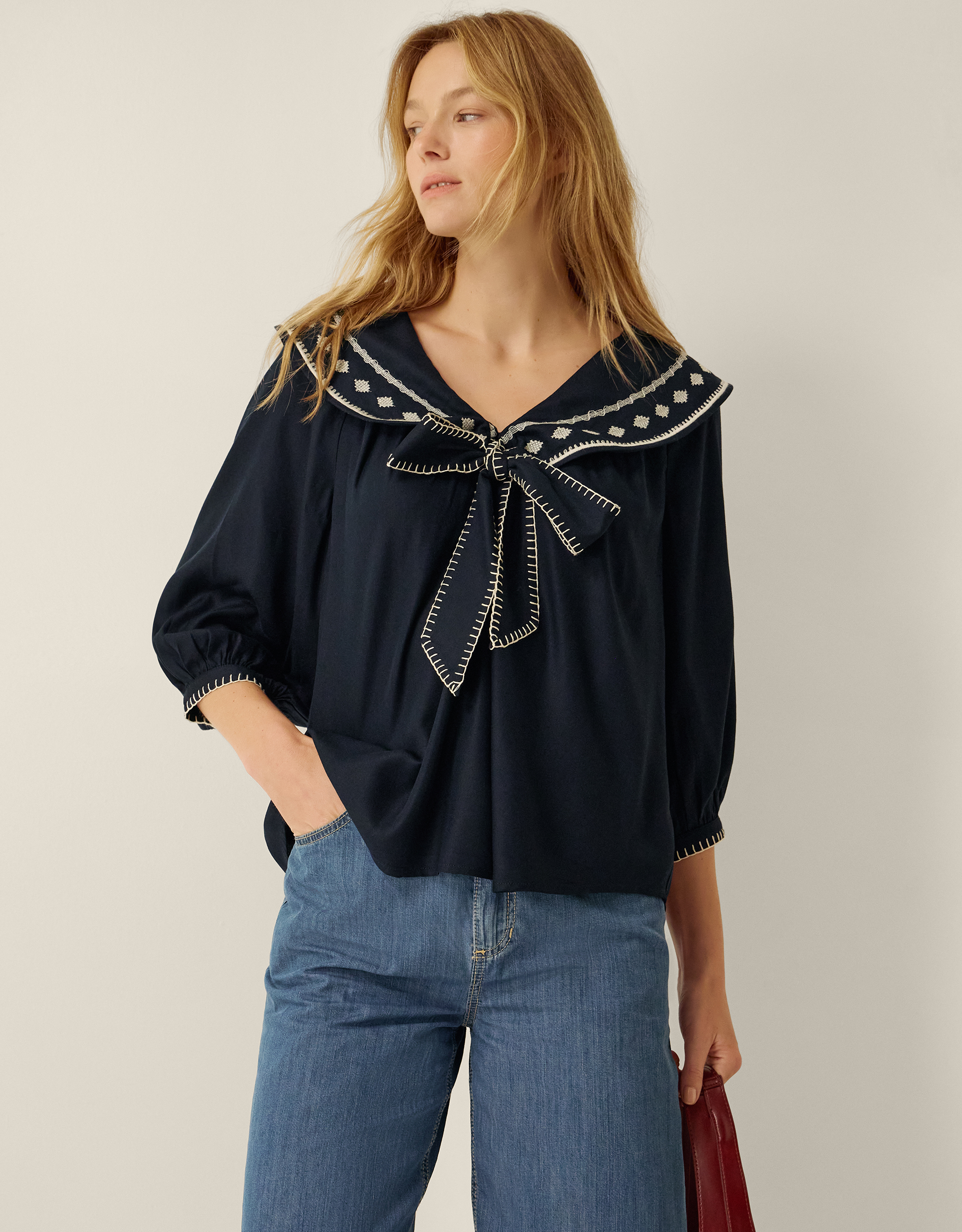 Monsoon Lila Embroidered Sailor Collar Top