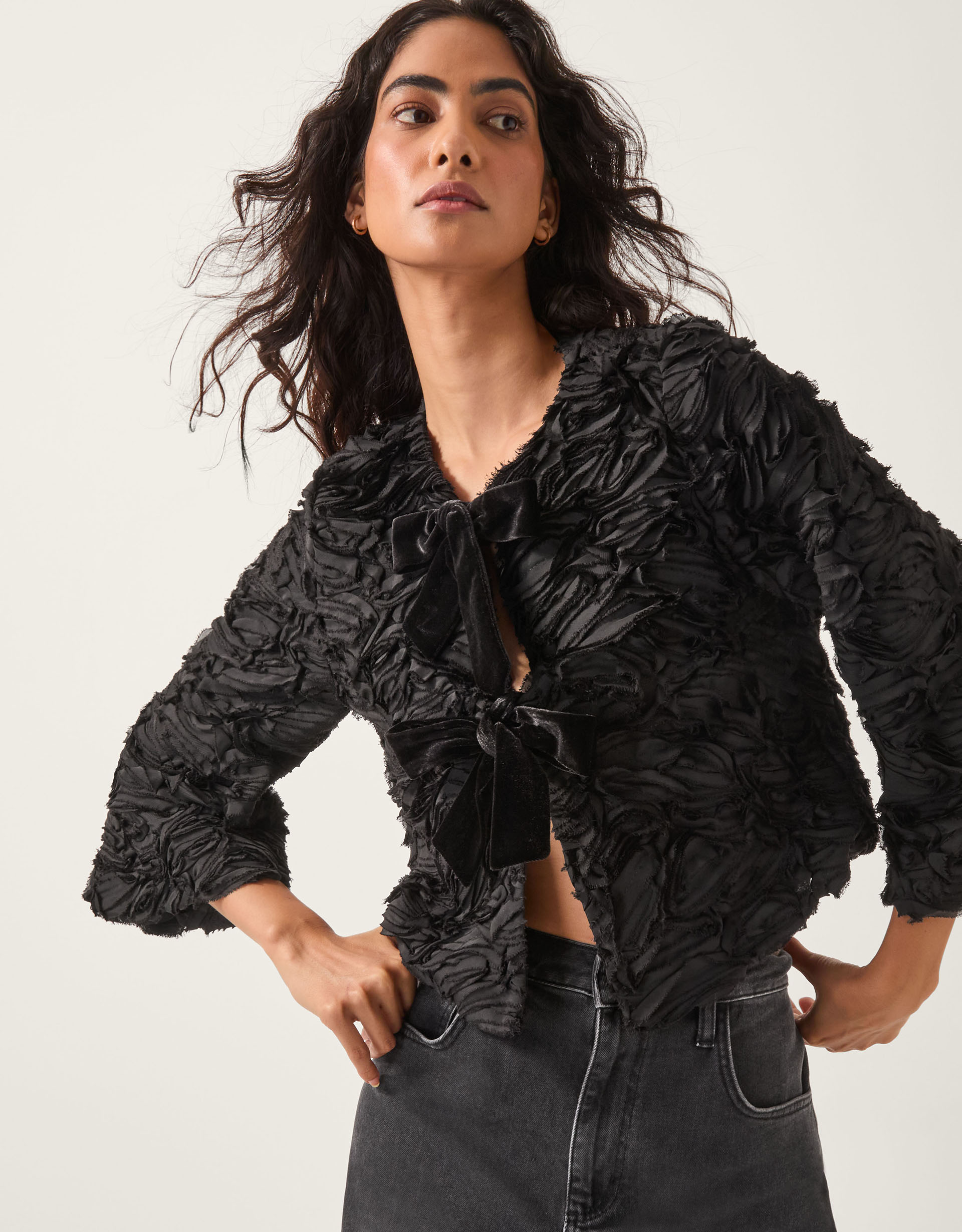 Monsoon Tia Tie-Front Textured Jersey Jacket in black