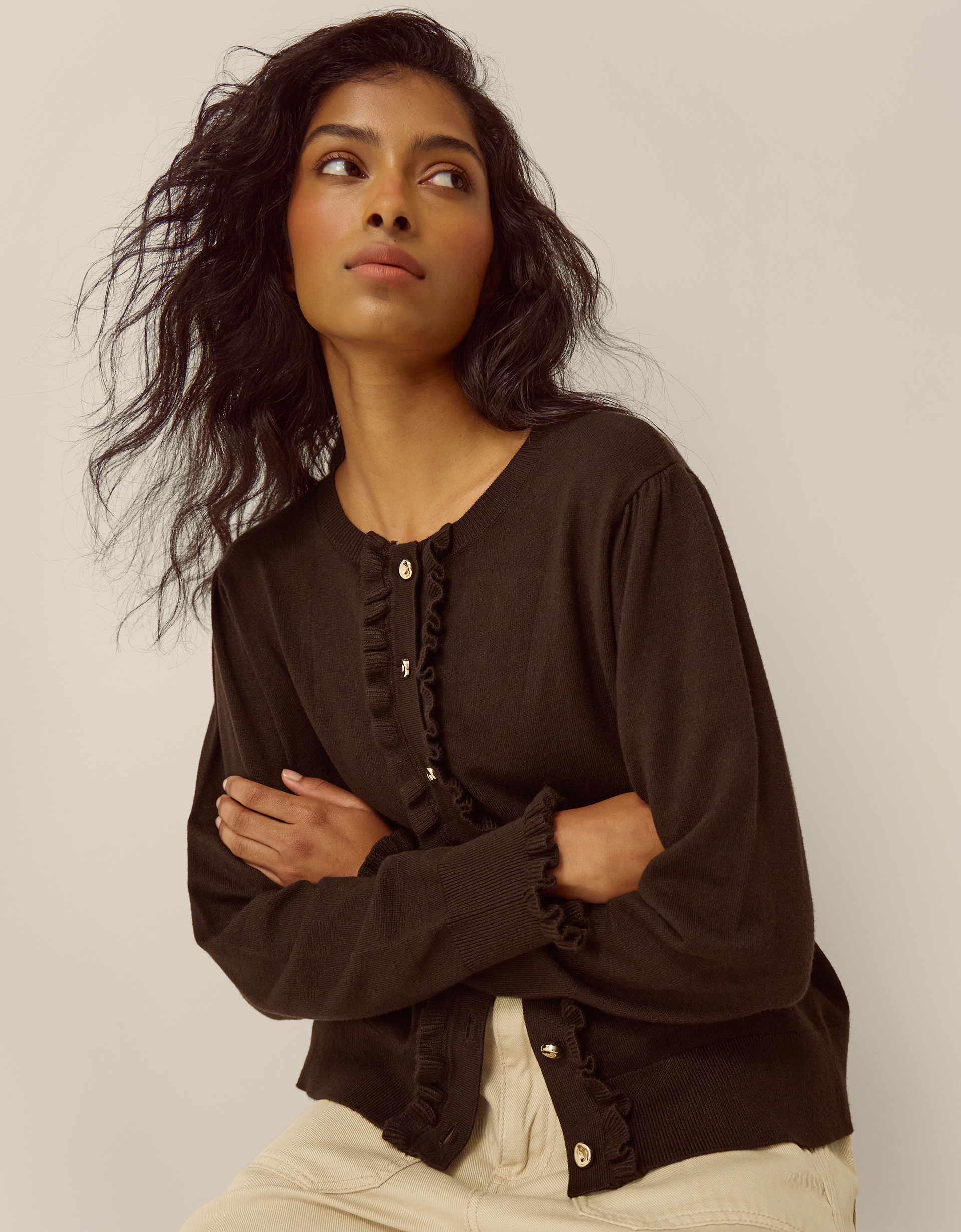 Monsoon Ruby Frill Cardigan in Brown, view 5