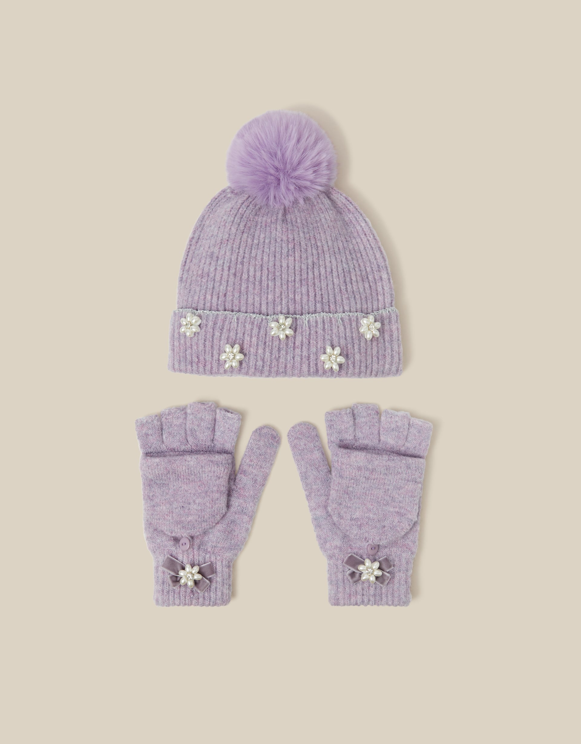 Pearl Flower Bobble Hat & Gloves Set Purple
