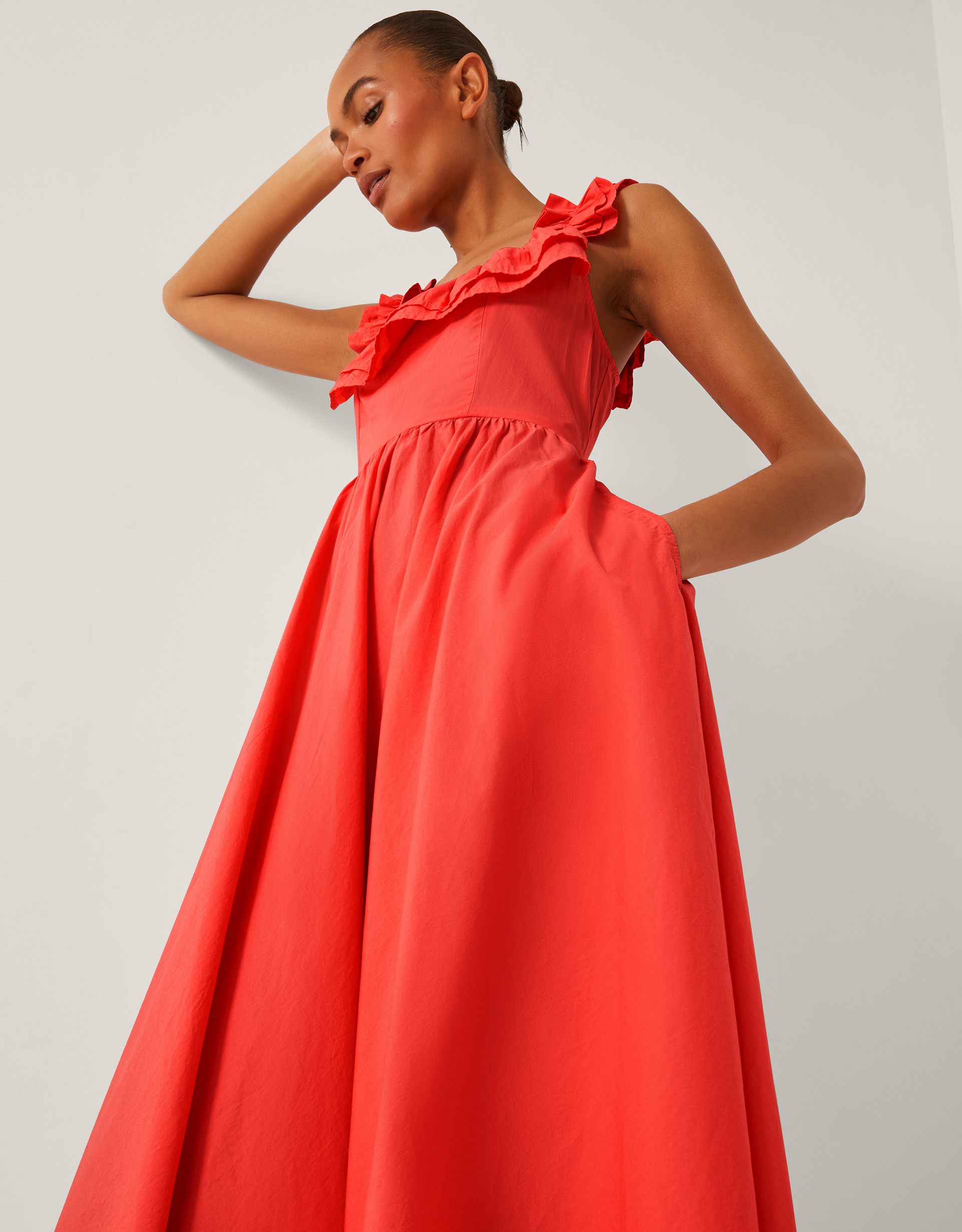 Monsoon Maria Sleeveless Ruffle Midi Dress in orange