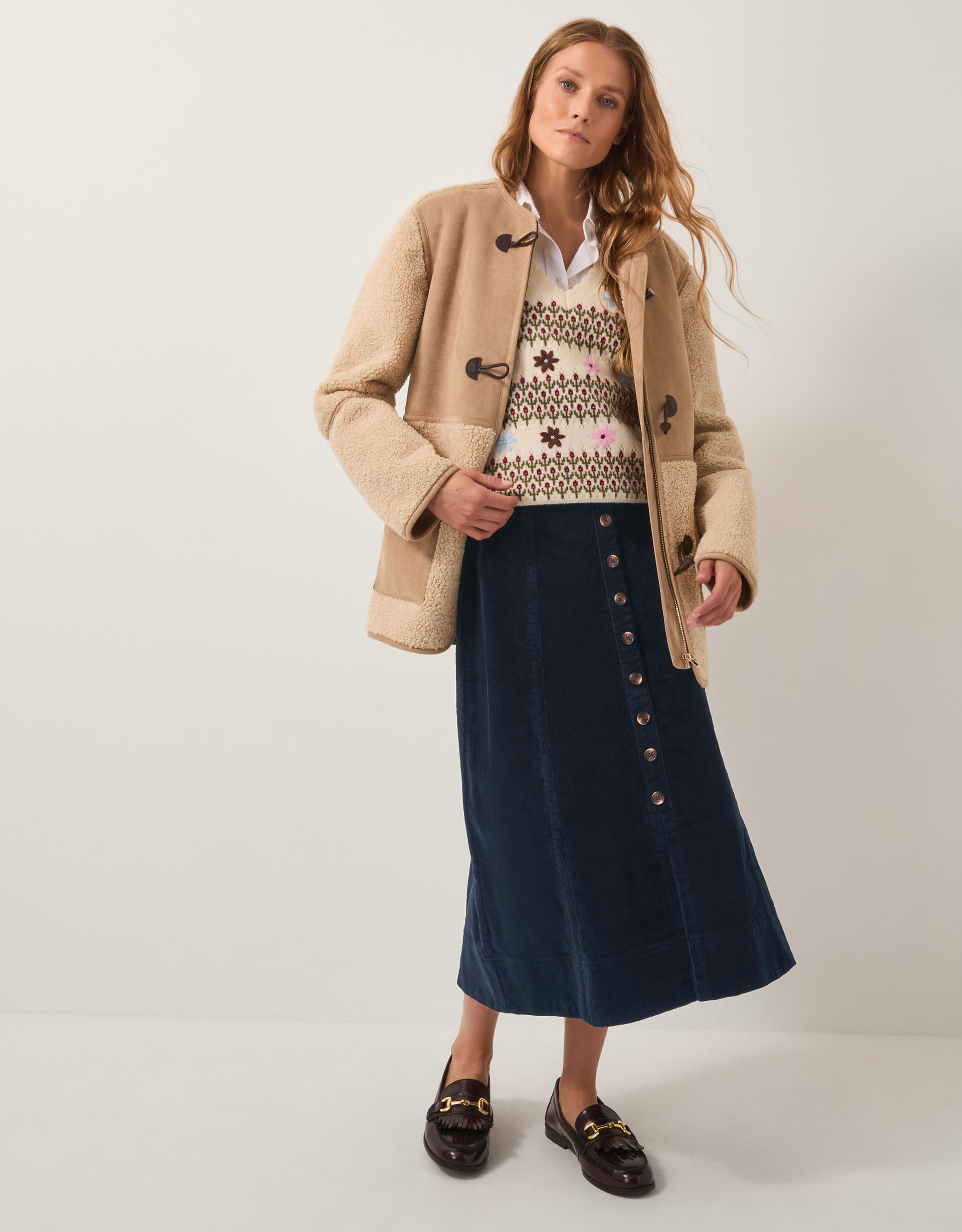 Monsoon Jamie Button Corduroy Midi Skirt in blue