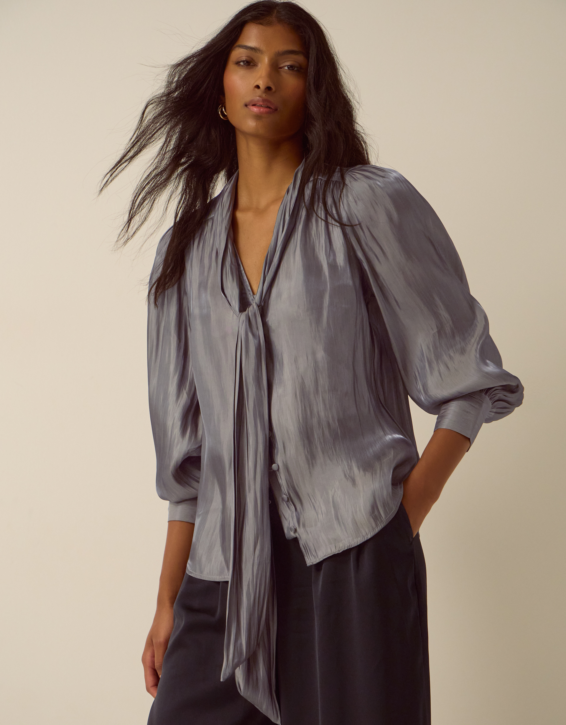 Monsoon Mira Metallic Pussybow Blouse in Silver