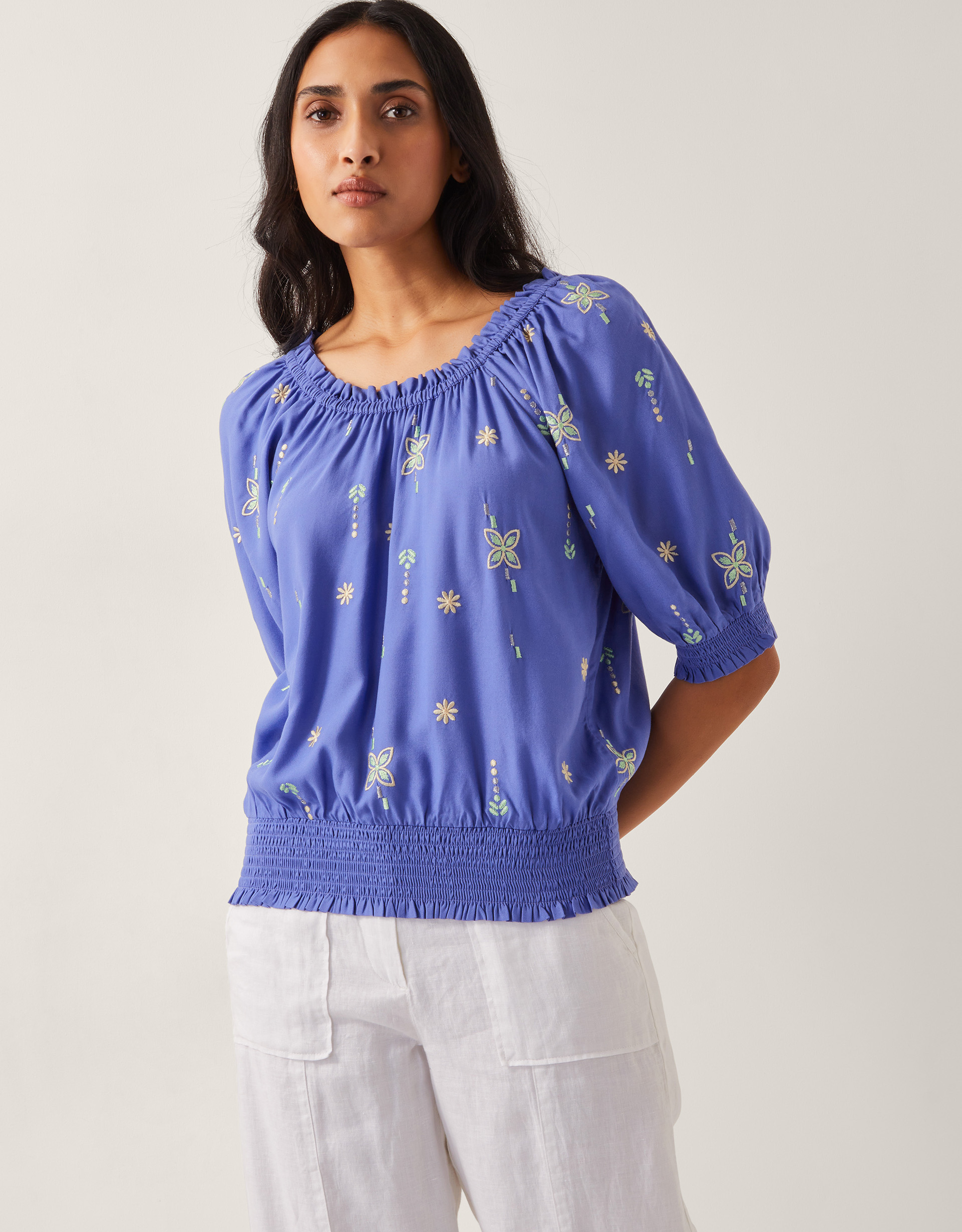 Monsoon Blue Embroidered Emily Puff Sleeve Top