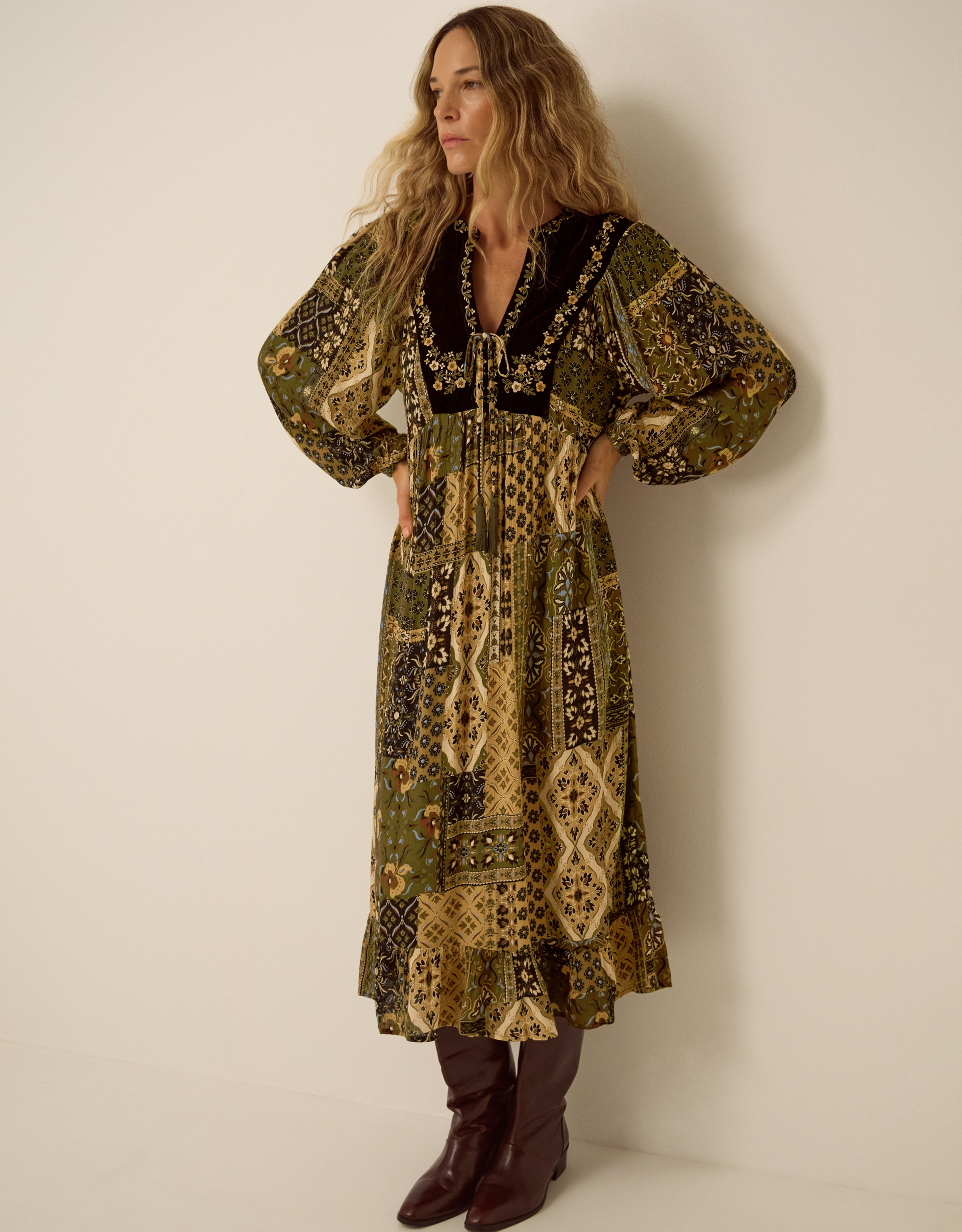 Monsoon Laoise Floral Patchwork Midi Dress Green
