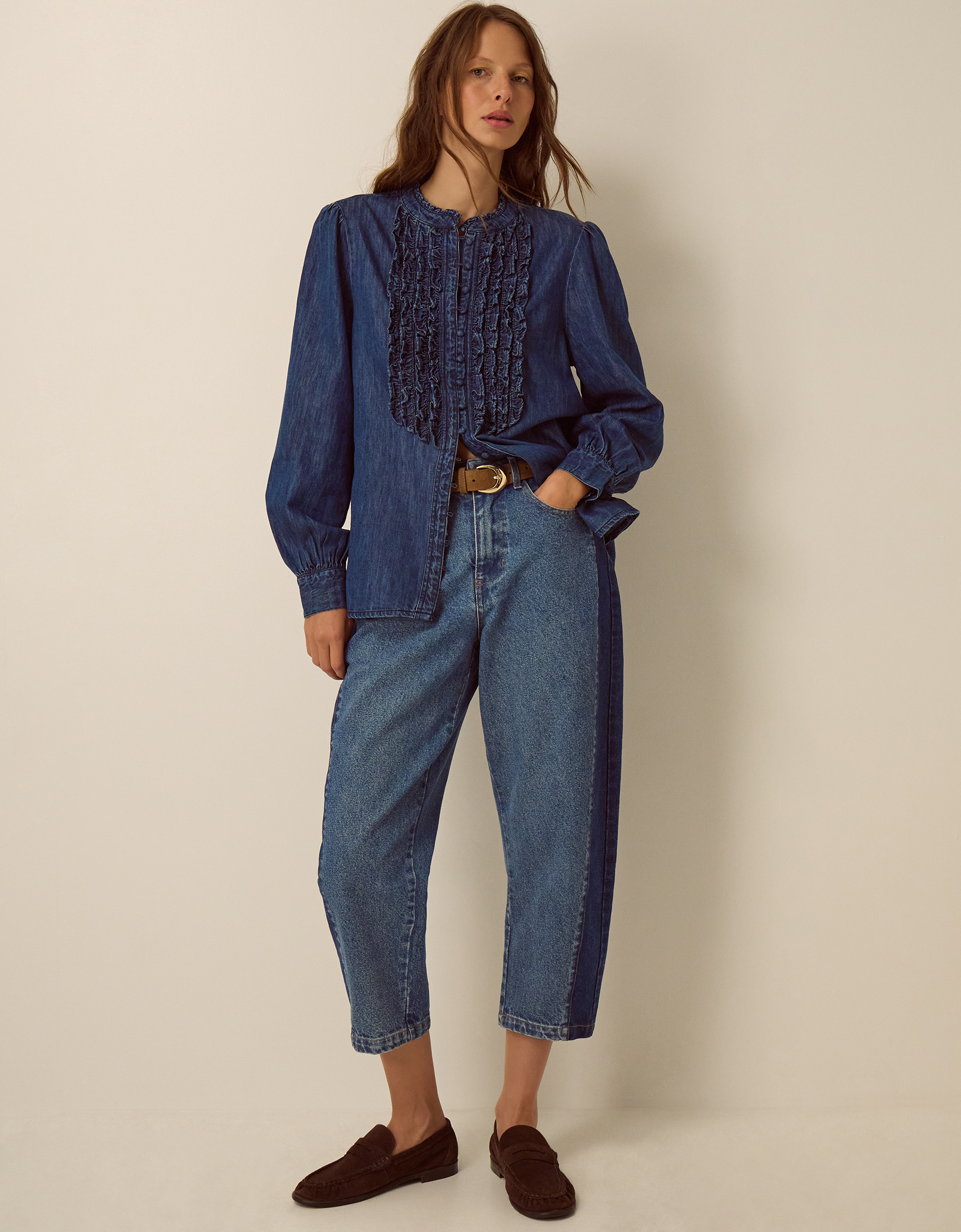 Sophia Ruffle Denim Shirt Blue
