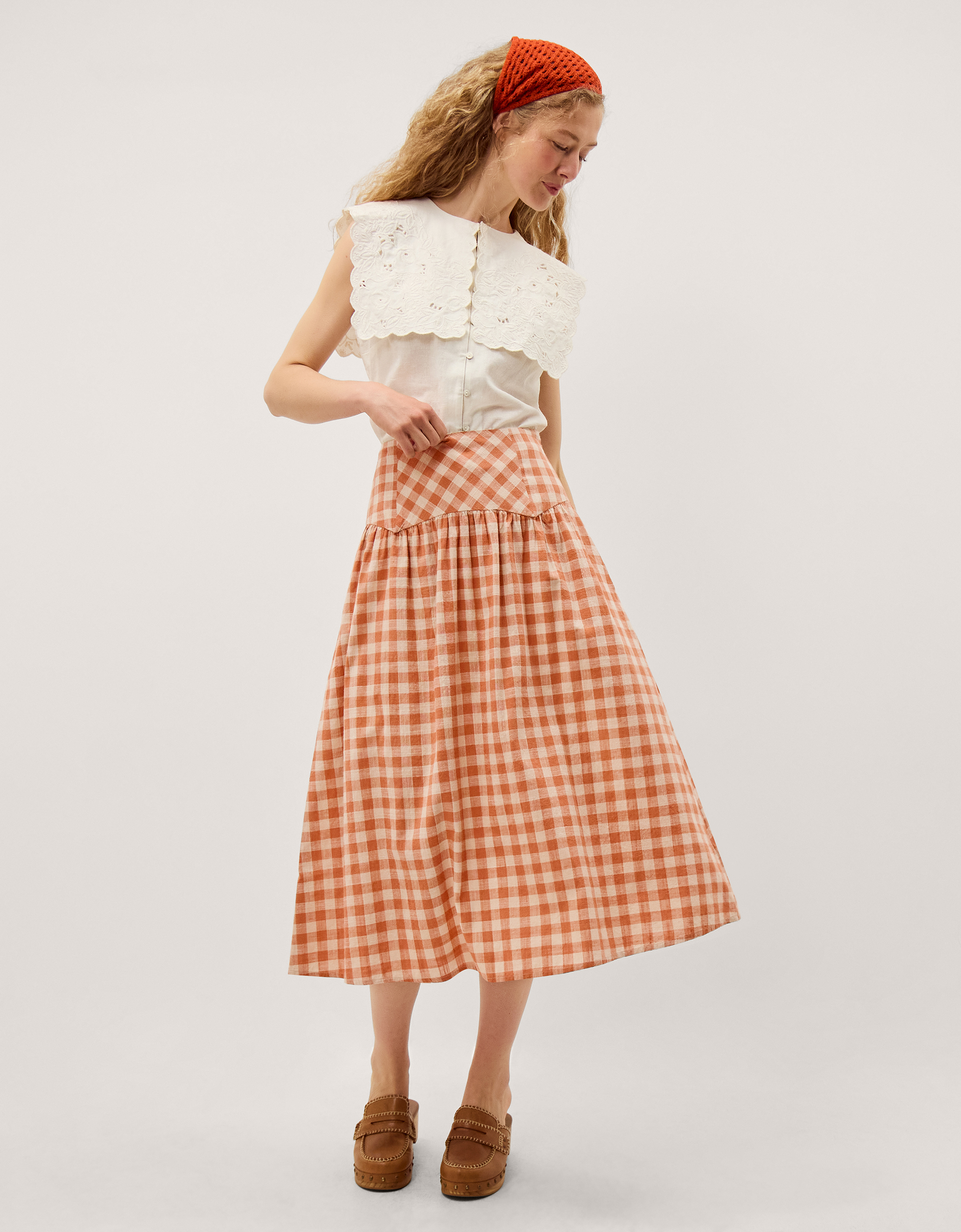 Monsoon Hattie Gingham Midi Skirt in orange