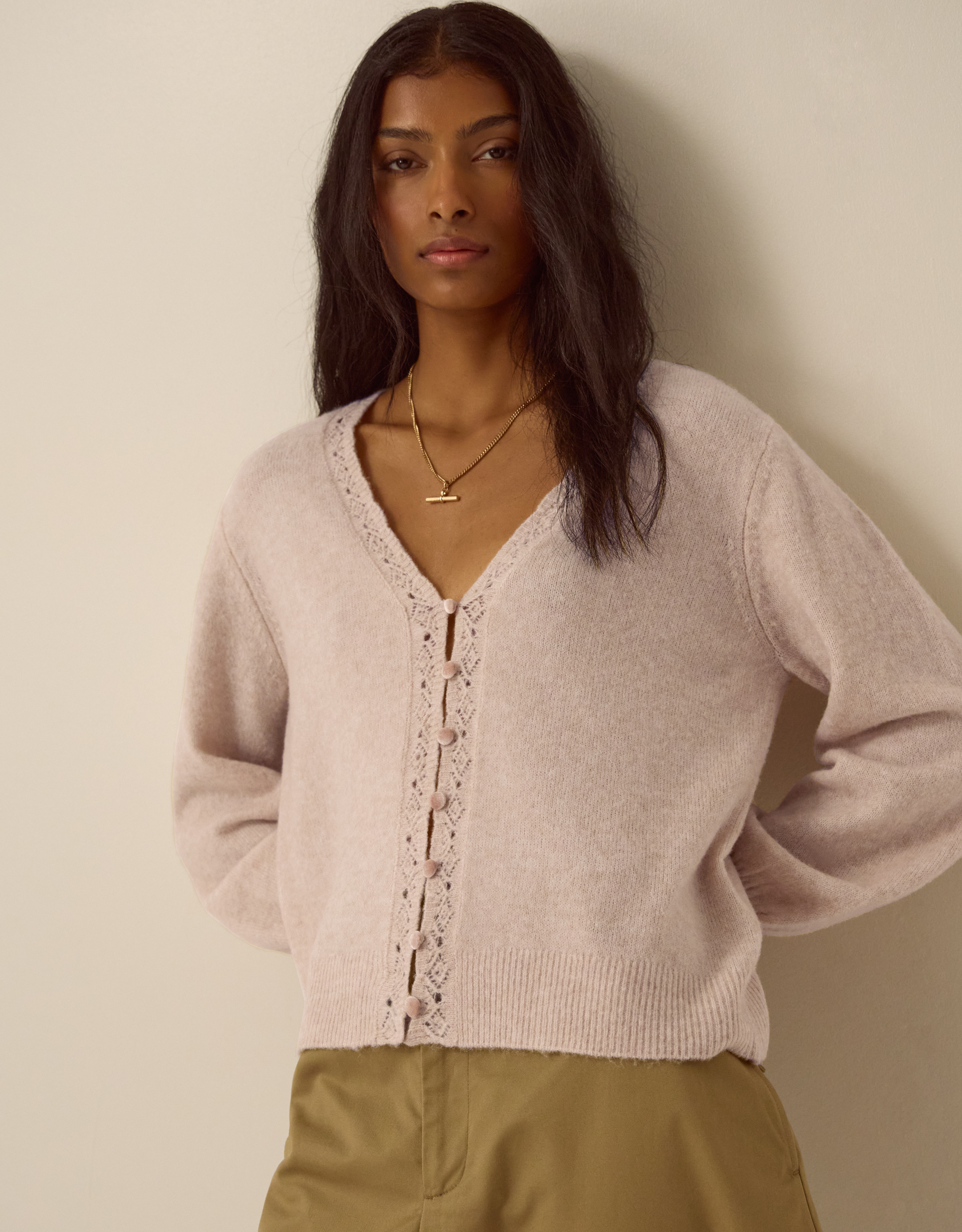 Monsoon Talitha V-Neck Pointelle Cardigan Mink