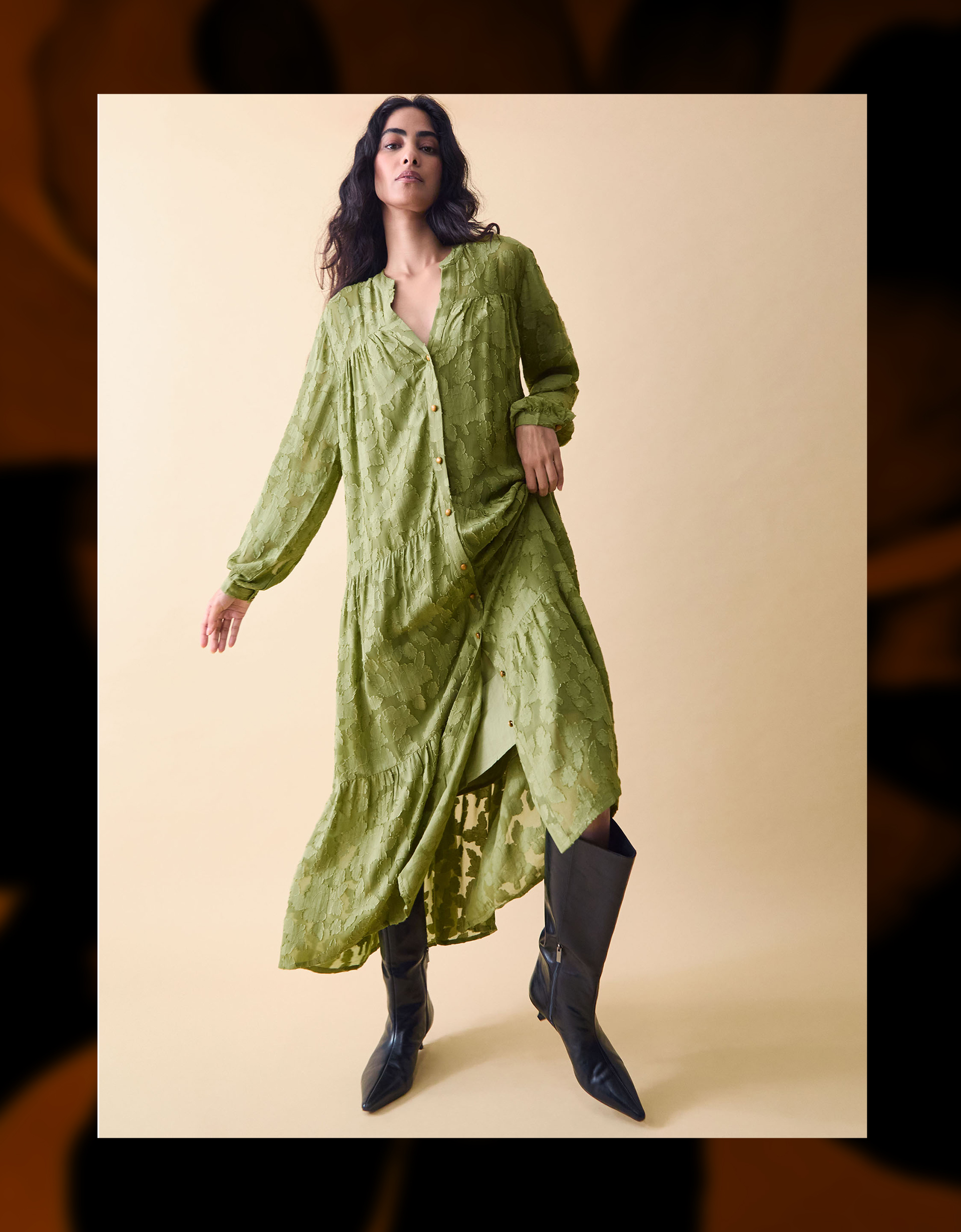 Monsoon Clemence Sylvie Burnout Tiered Maxi Dress in green