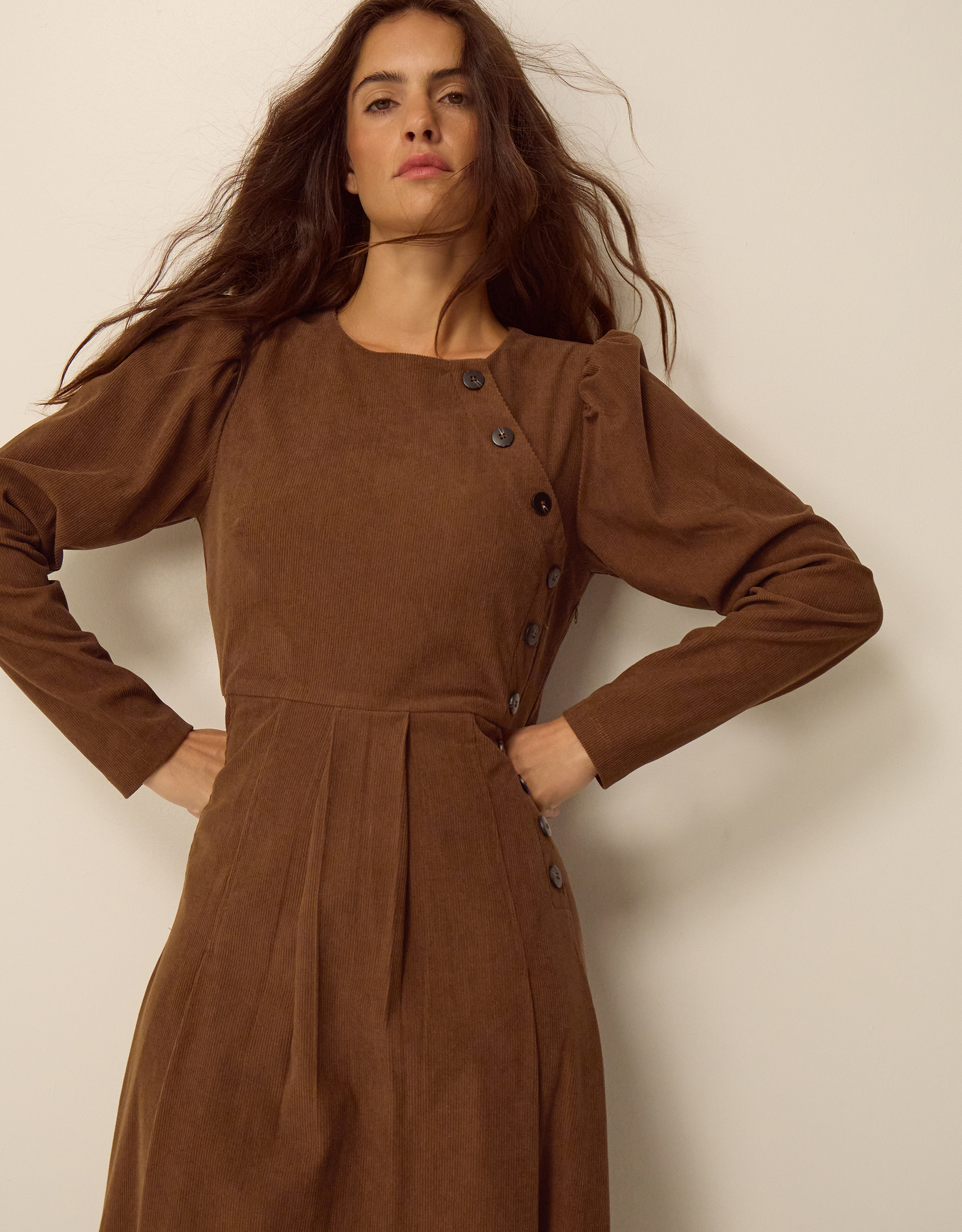 Monsoon Silvia Button Stretch Corduroy Midi Dress, view 2