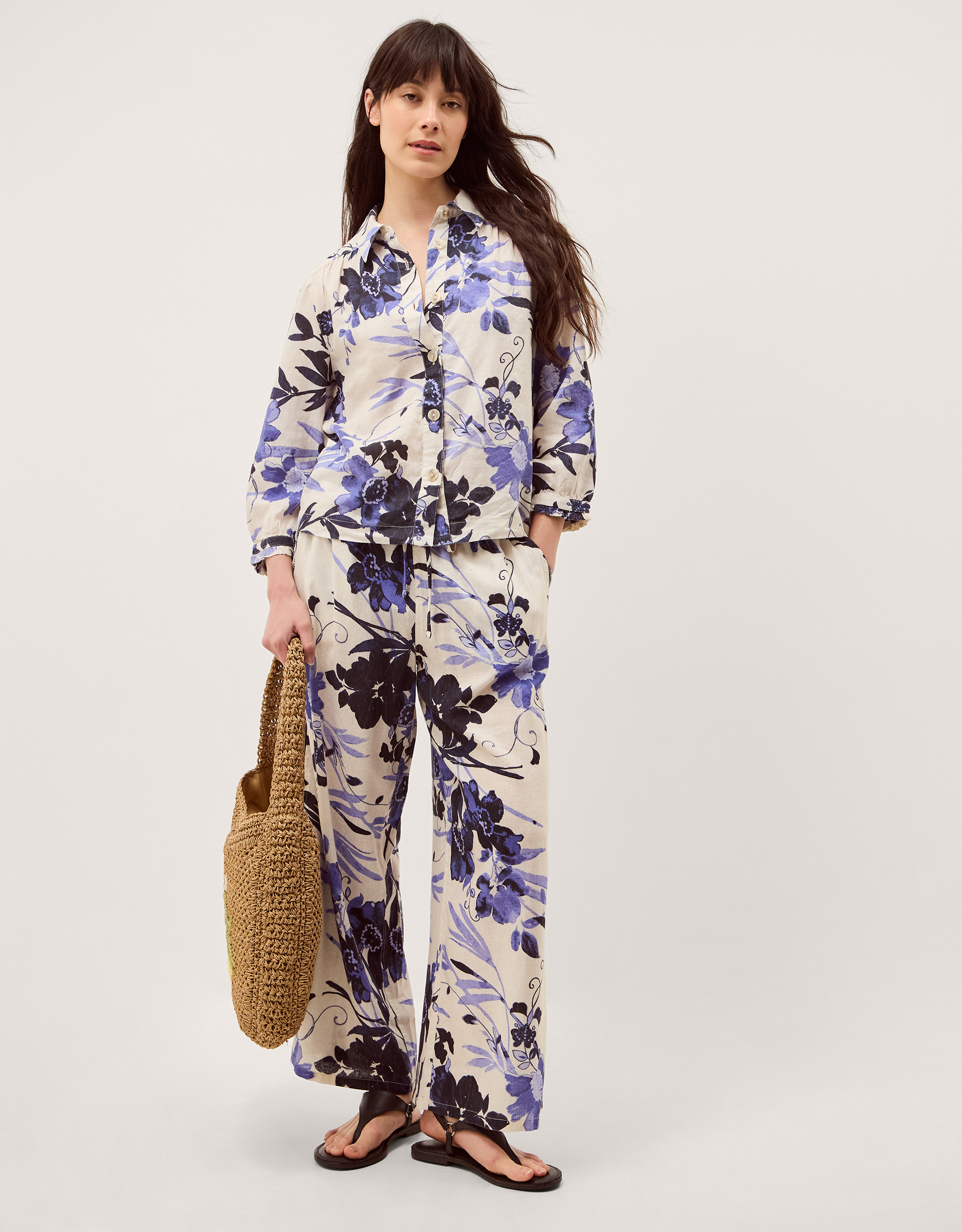 Monsoon Nicolette Floral Linen Blend Wide Leg Trousers