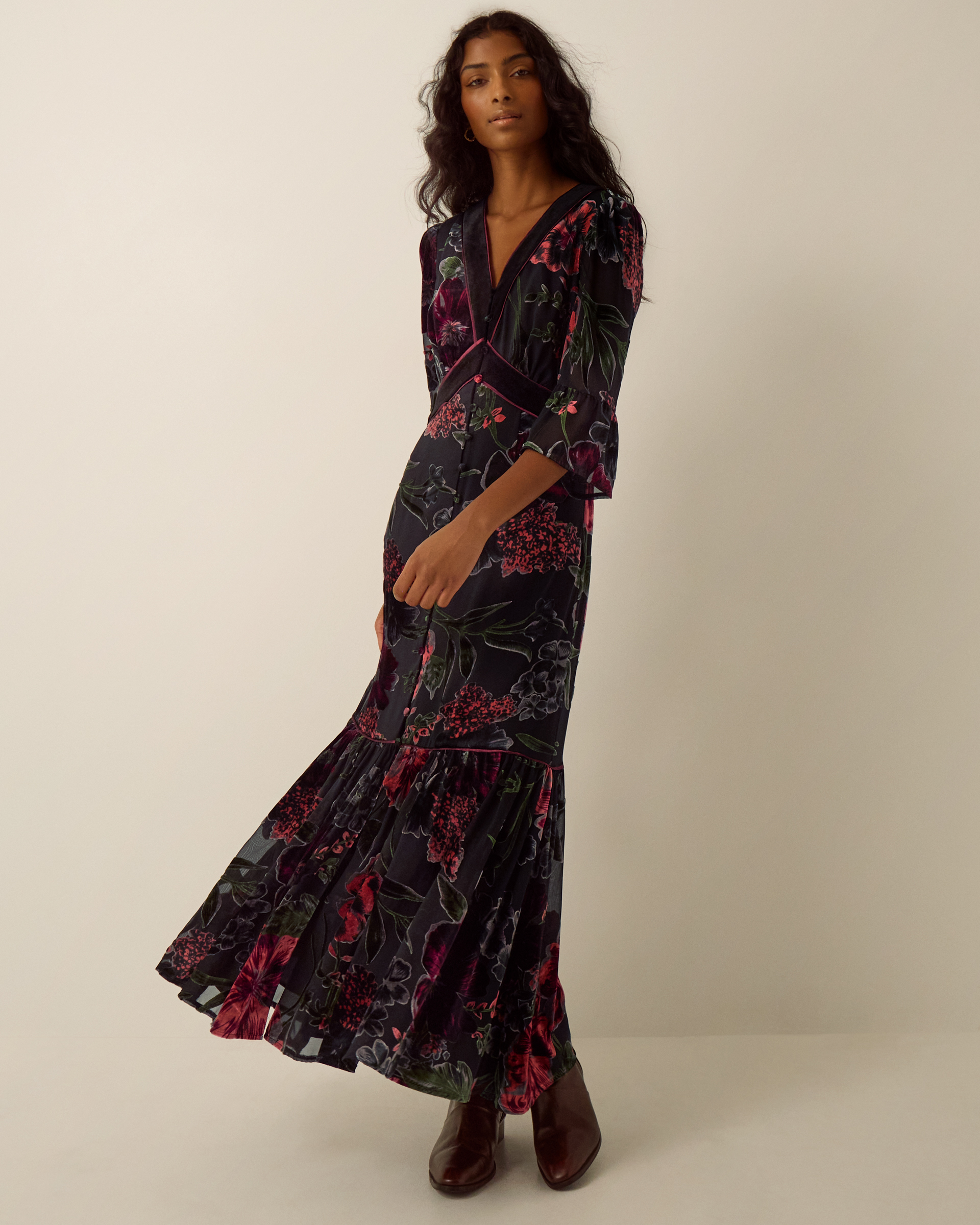 Monsoon Anya Floral Devoré Maxi Dress in red