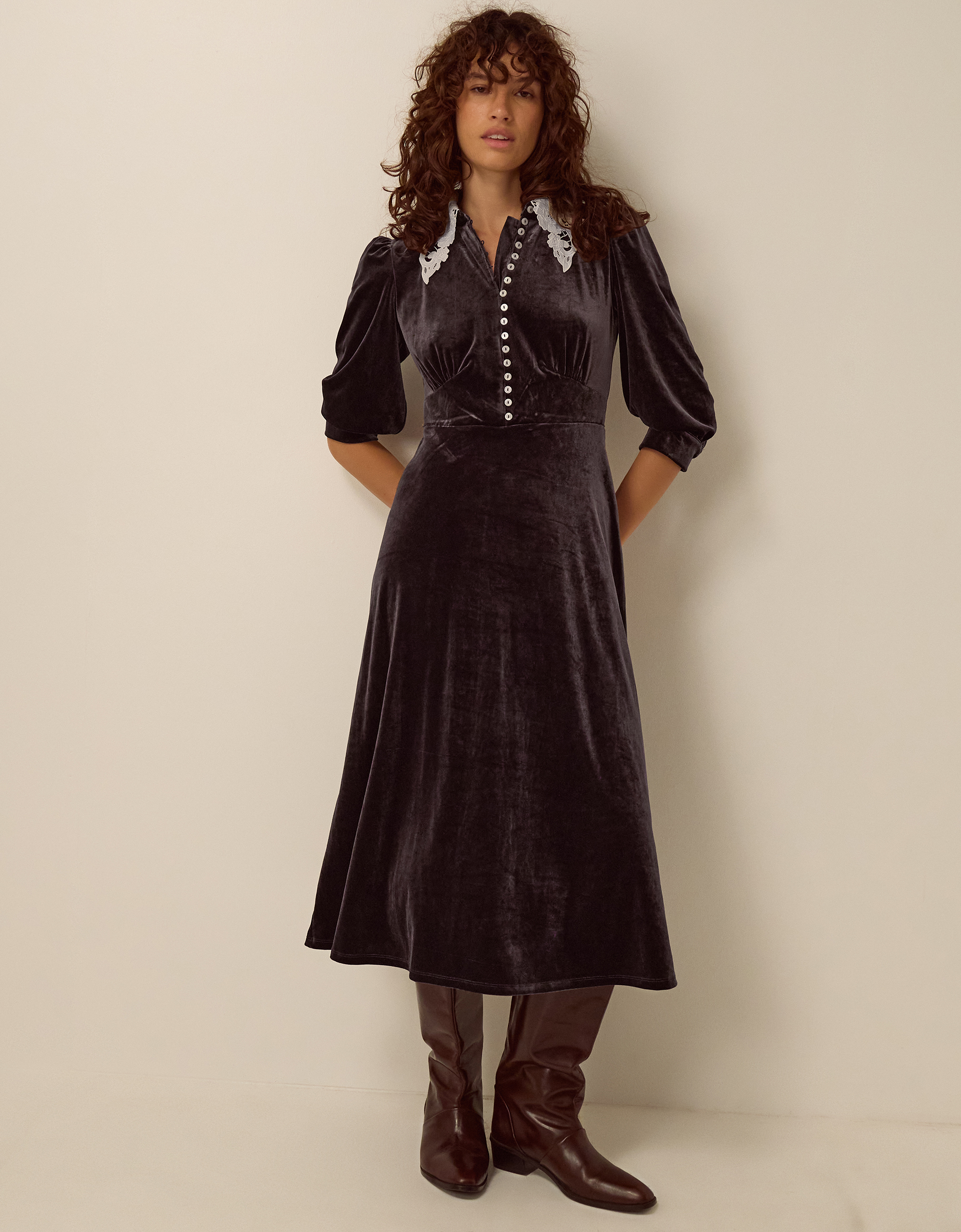 Monsoon Leith Lace Collar Velvet Midi Dress