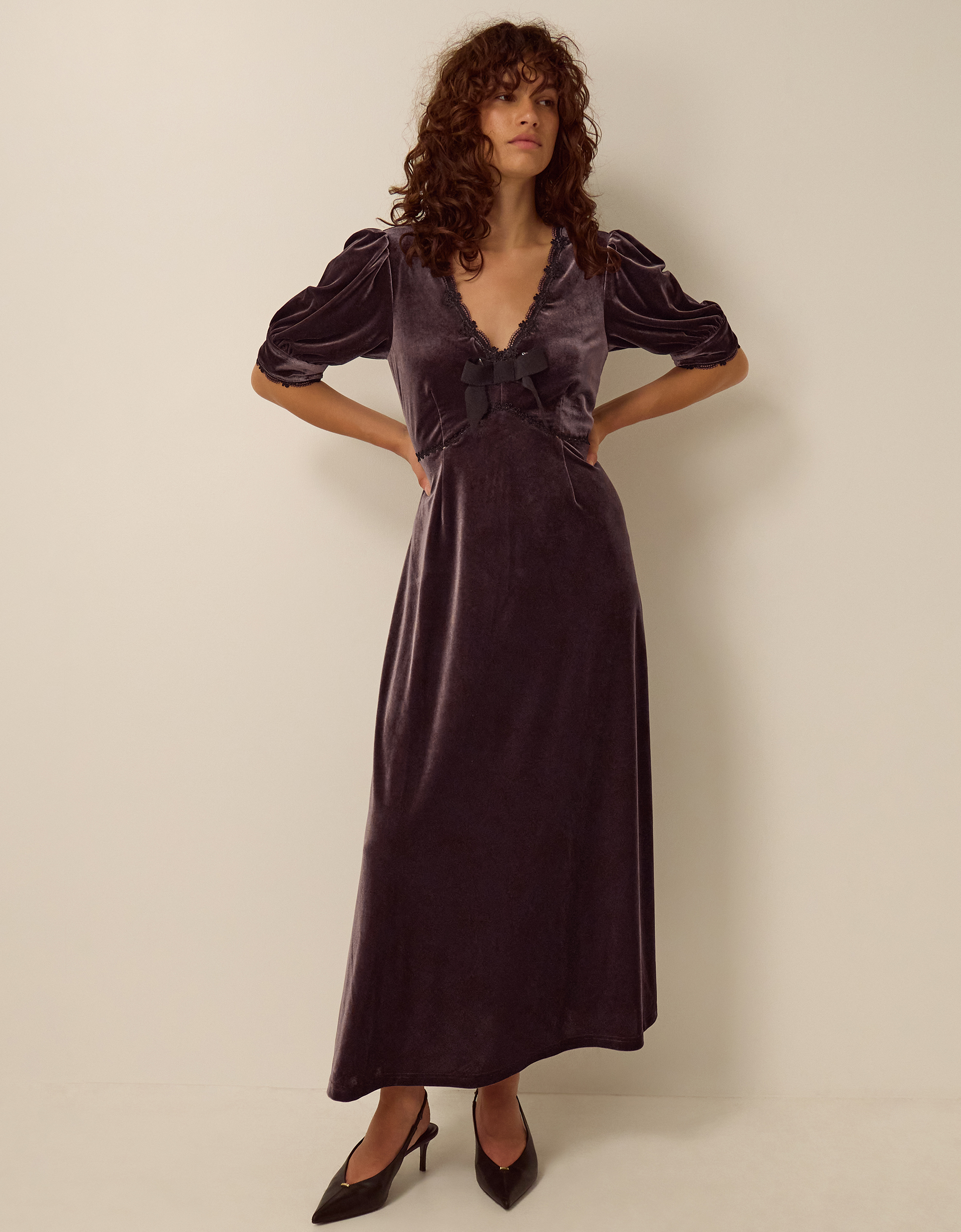 Monsoon Vera V-Neck Velvet Midi Dress in Brown