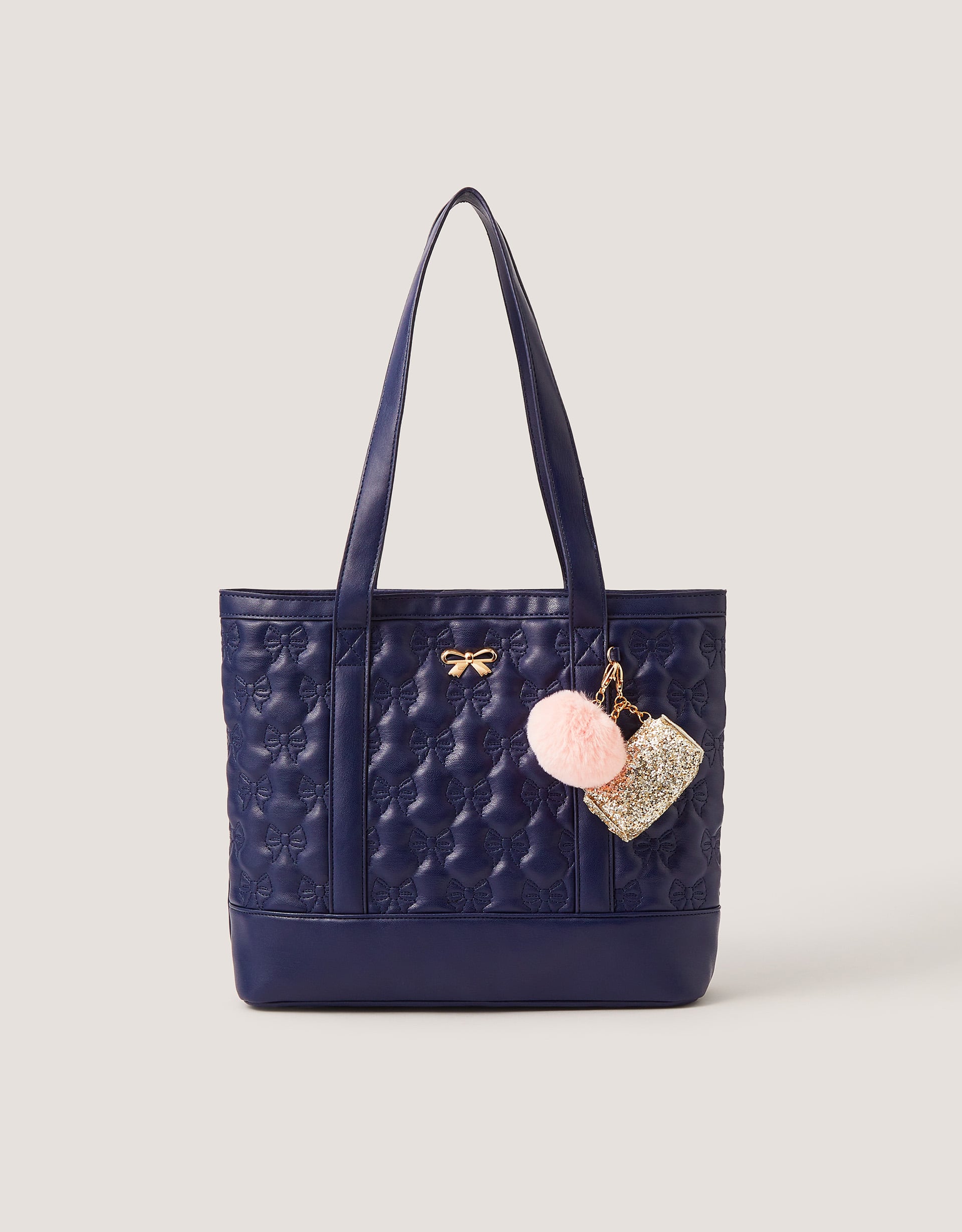 Monsoon Bow Quilted School Tote Bag in navy blue