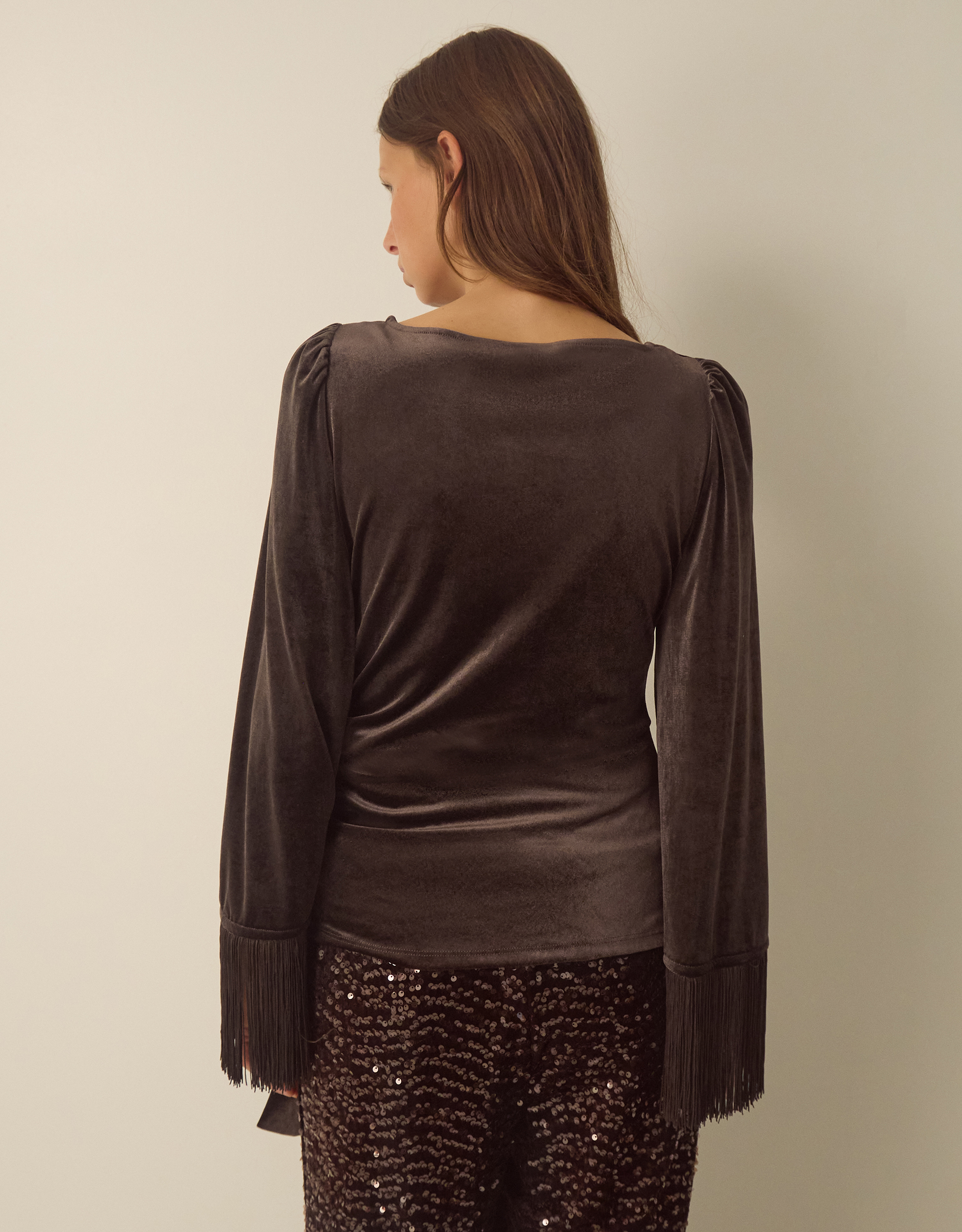 Monsoon Tamara Tie Side Fringe Velvet Top, view 3
