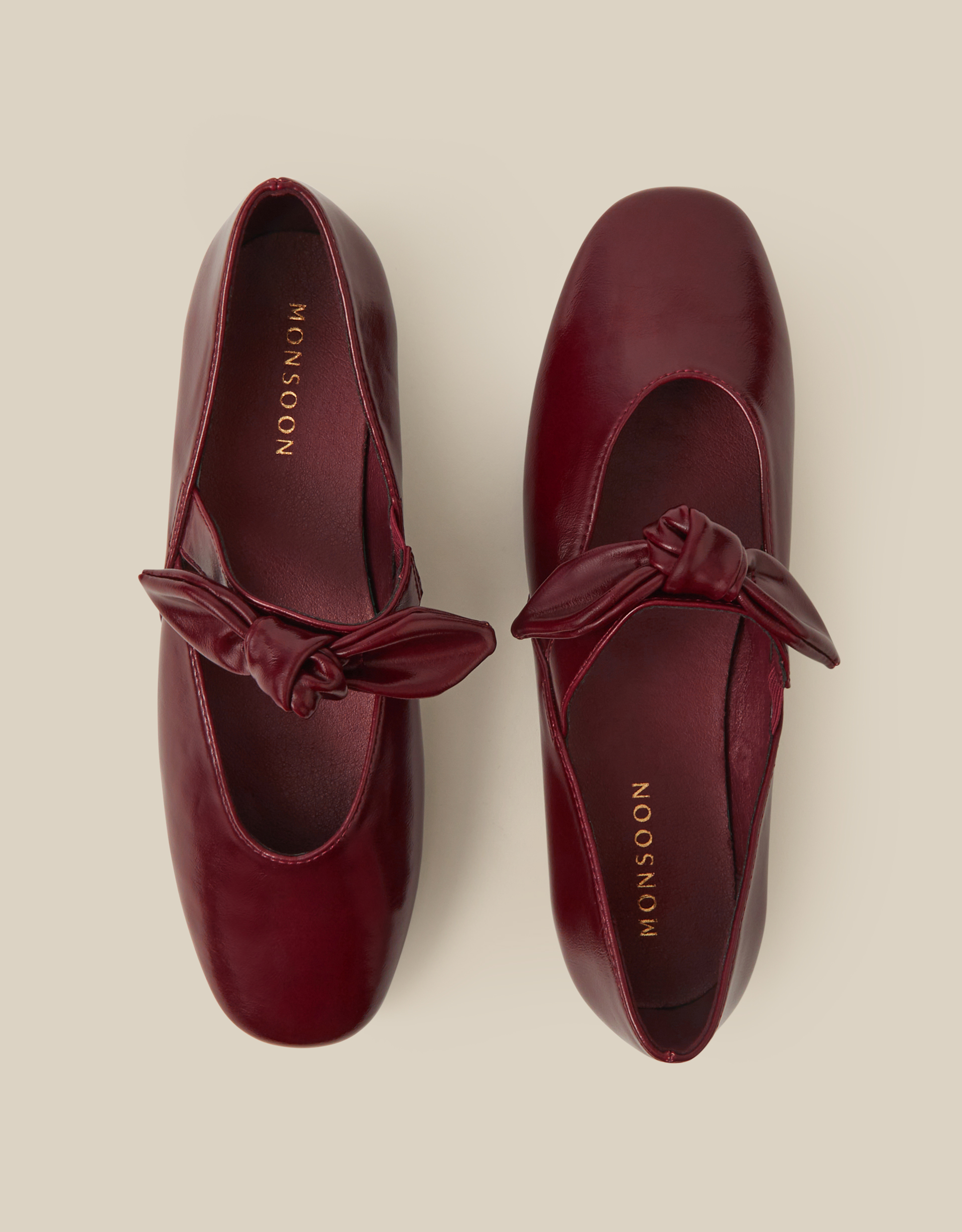 Monsoon Hari Bow Mary Jane Ballet Flats Red in burgundy