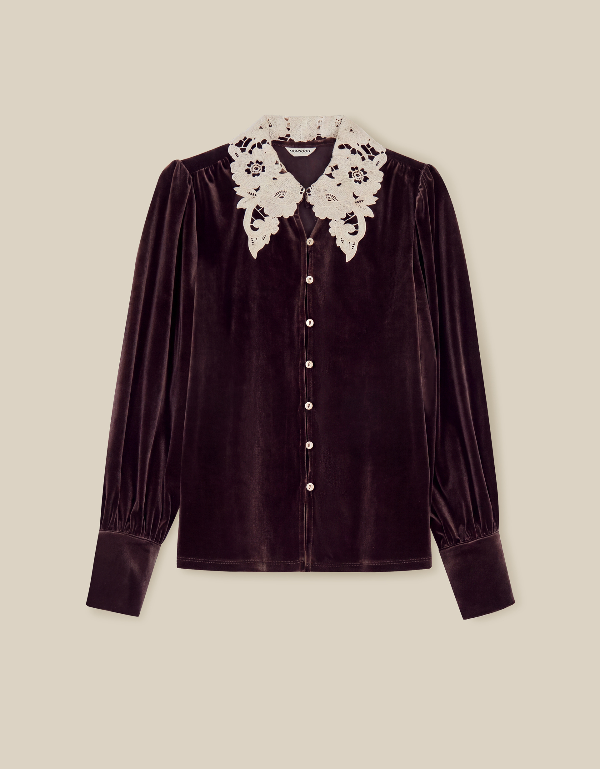 Monsoon Leith Lace Collar Velvet Shirt, view 5