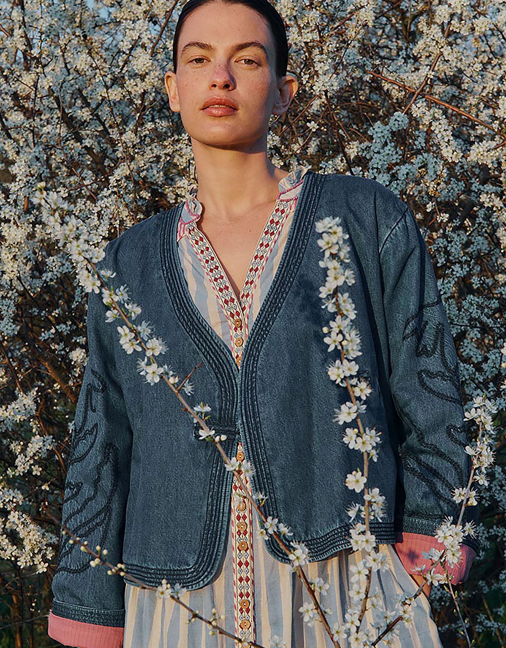 East Juna Denim Botanical Embroidered Jacket Blue