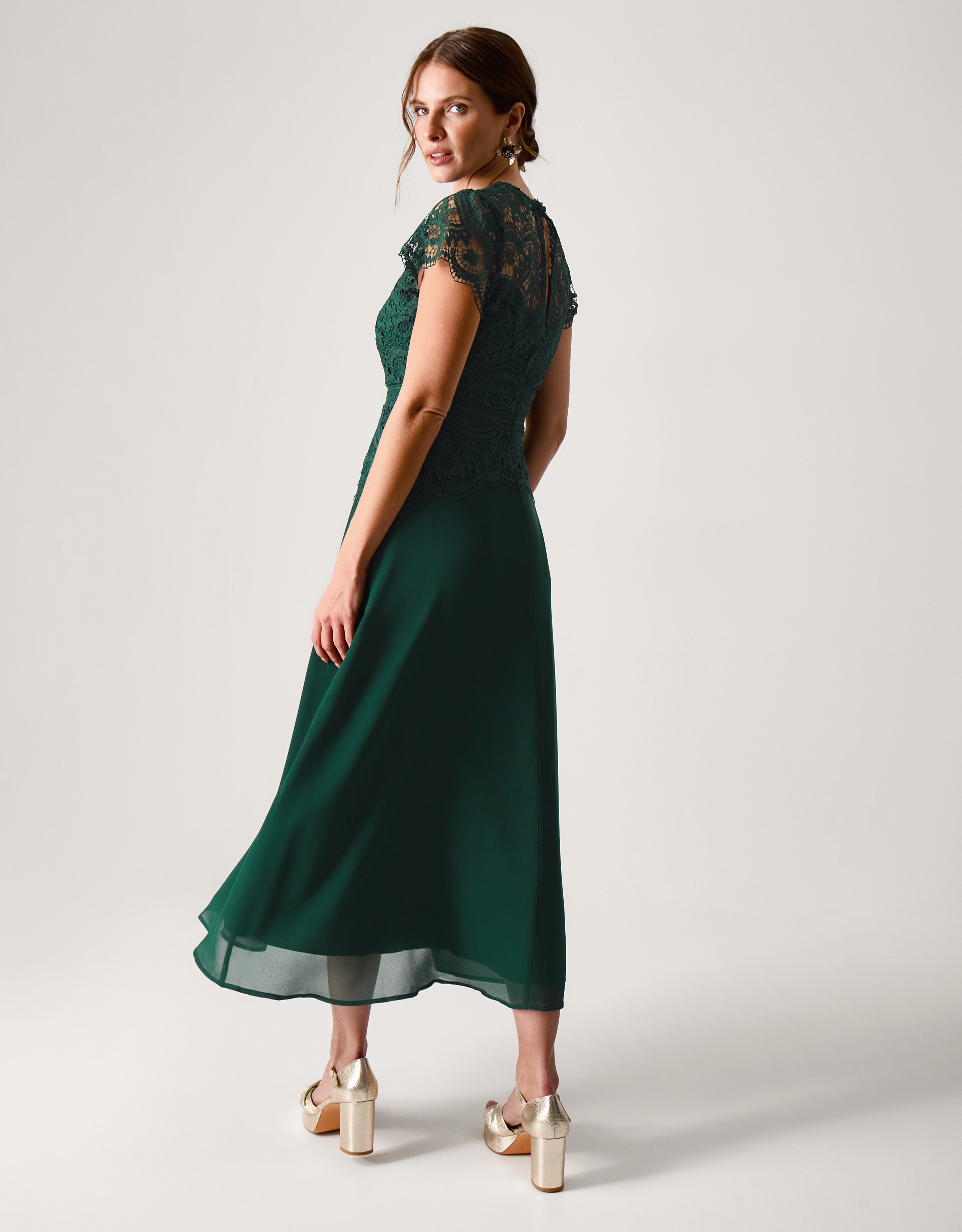 Monsoon Dark Green Floral Lace Monica Midi Bridesmaid Dress, view 4