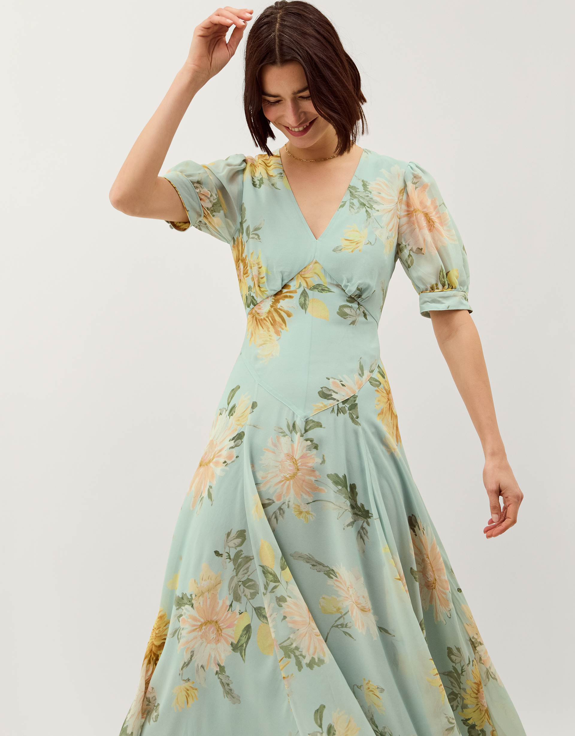 Monsoon Carris Puff Sleeve Floral Midi Dress, view 4