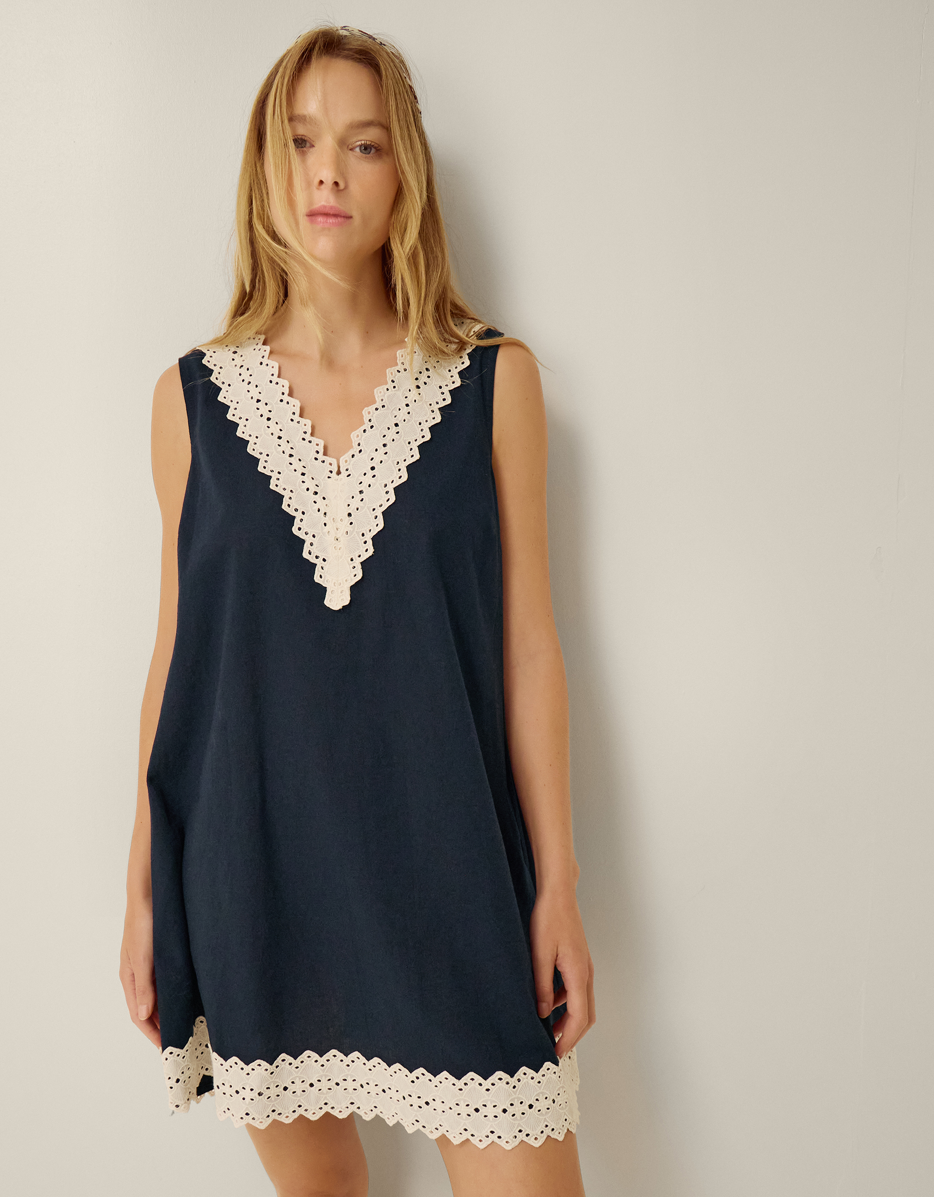 Monsoon Anais Eyelet Lace Mini Dress Blue