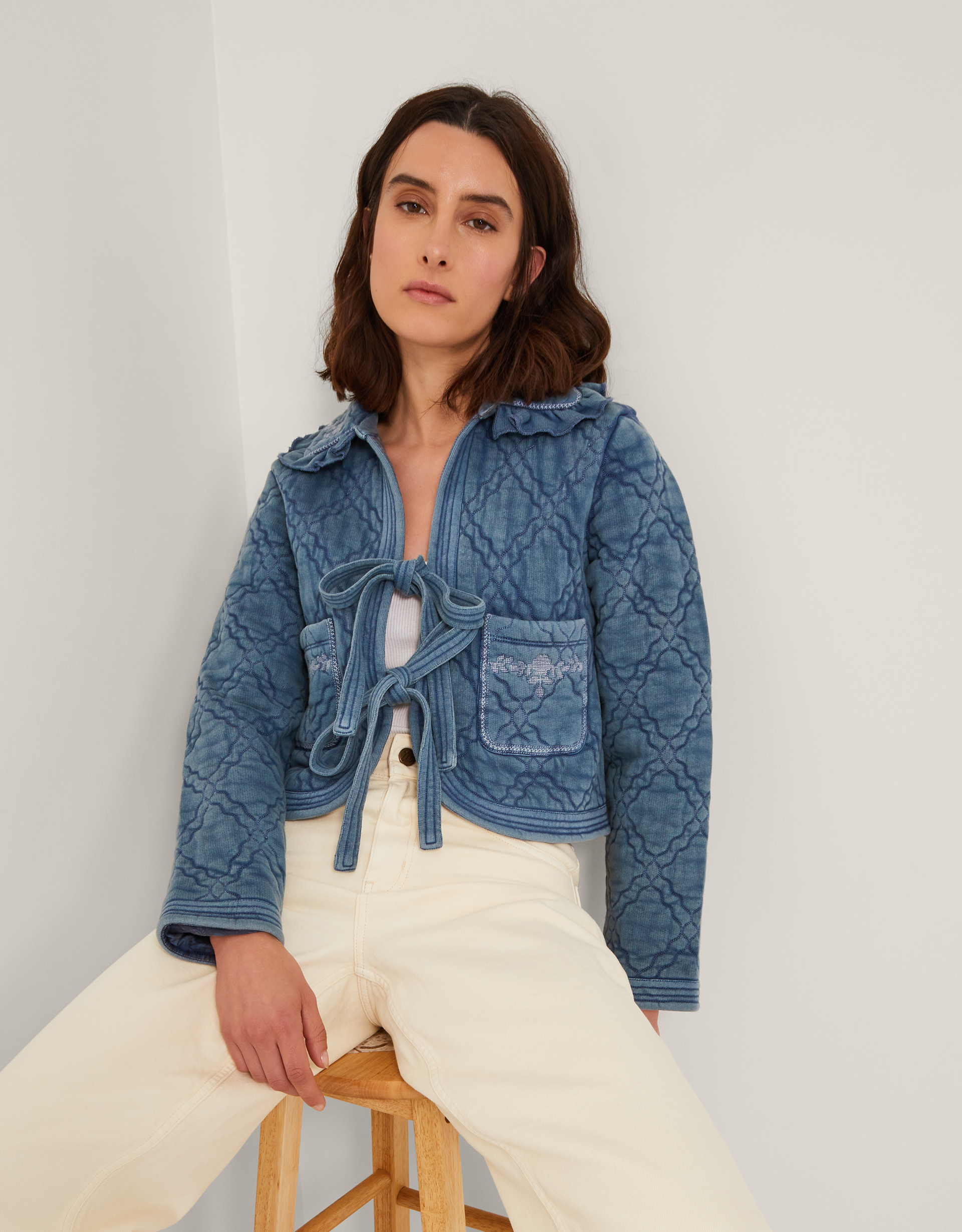 Monsoon Blue Cotton Quilted Quinn Tie Jacket