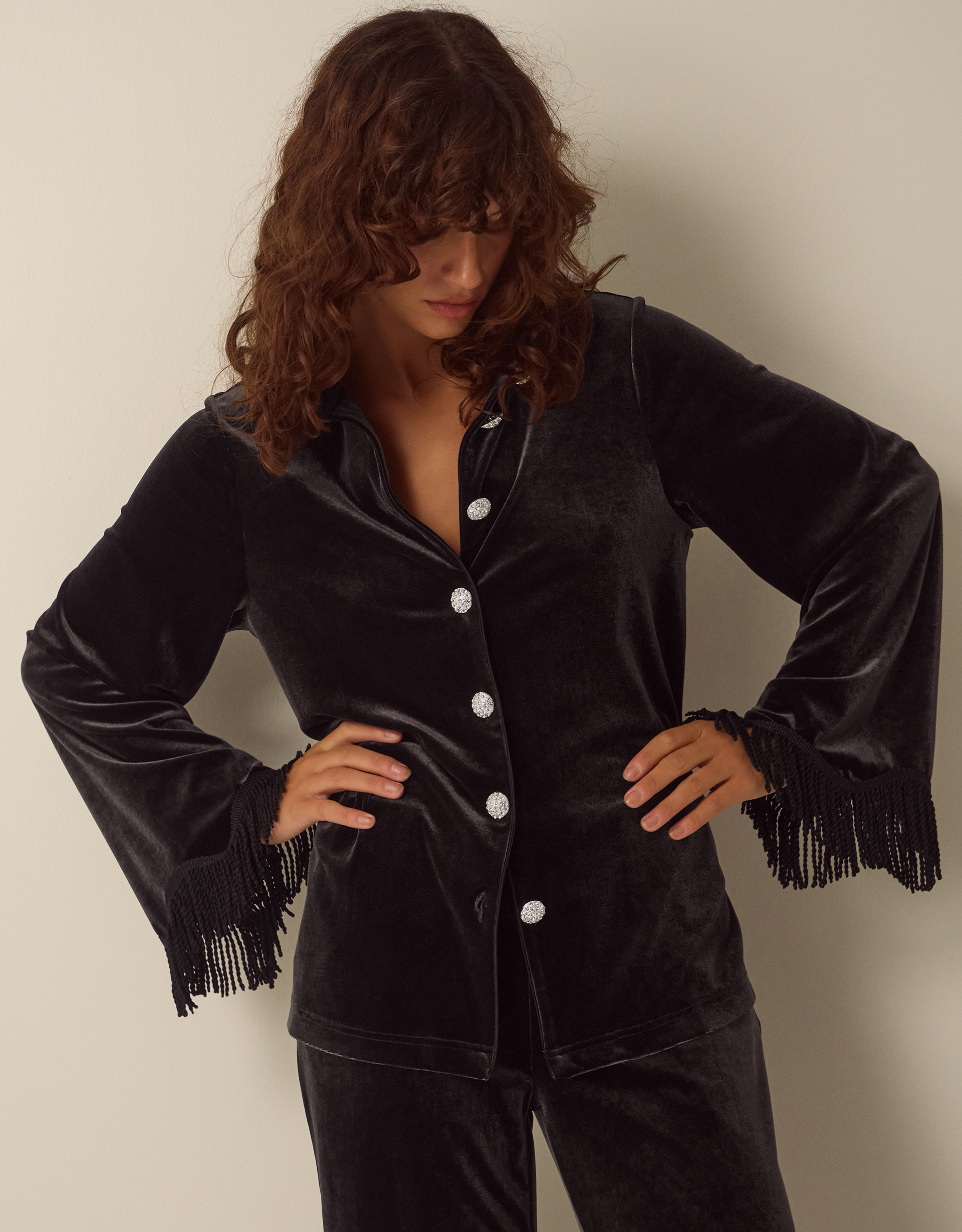 Monsoon Tami Fringe Cuff Velvet Shirt in brown