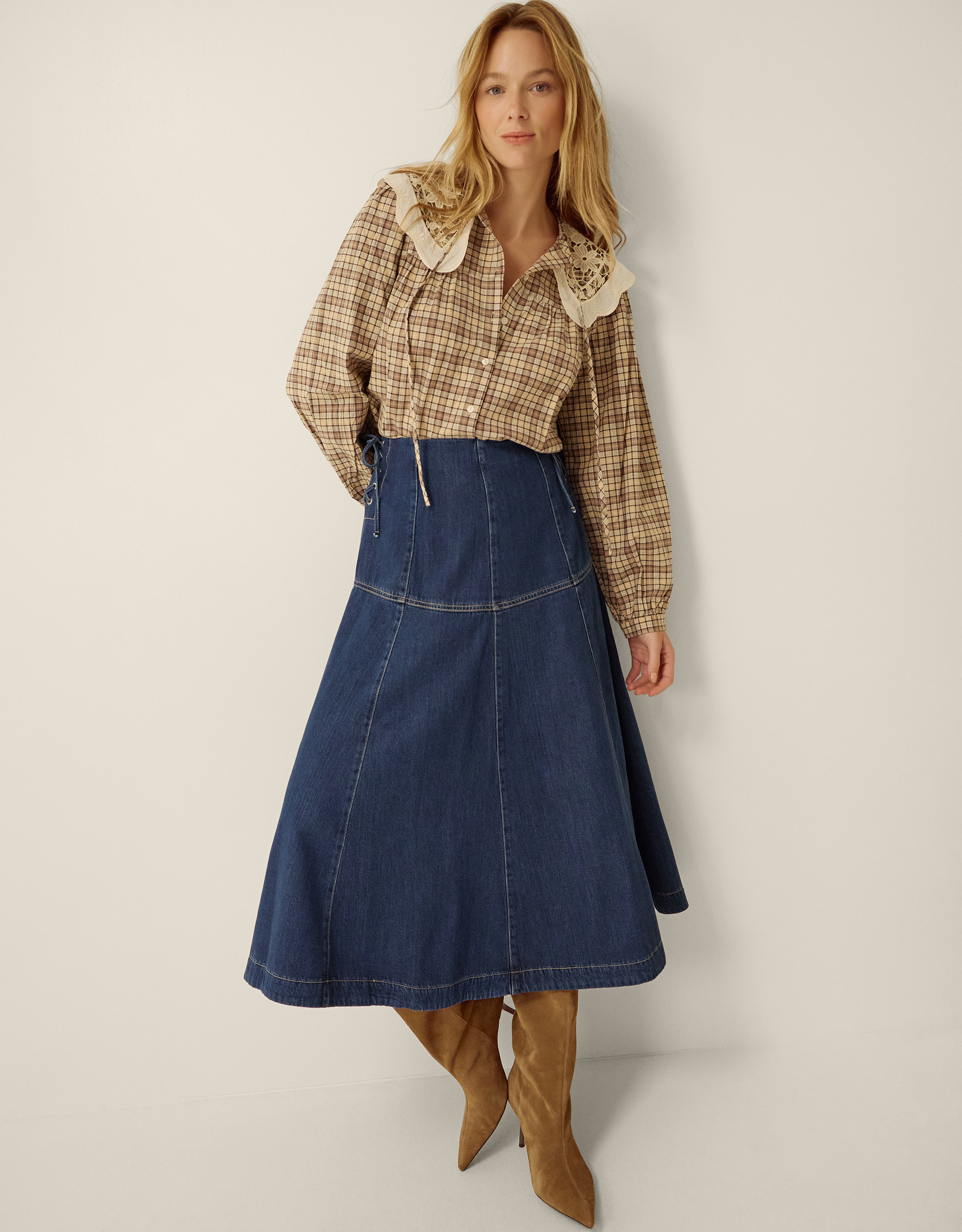 Monsoon Macy Tie Side Denim Midi Skirt