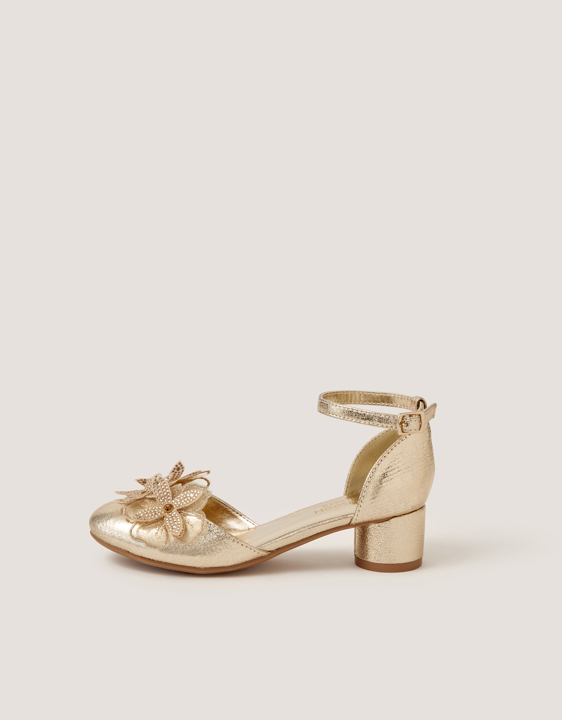 Monsoon Closed-Toe Diamanté Flower Heels in Gold, view 2