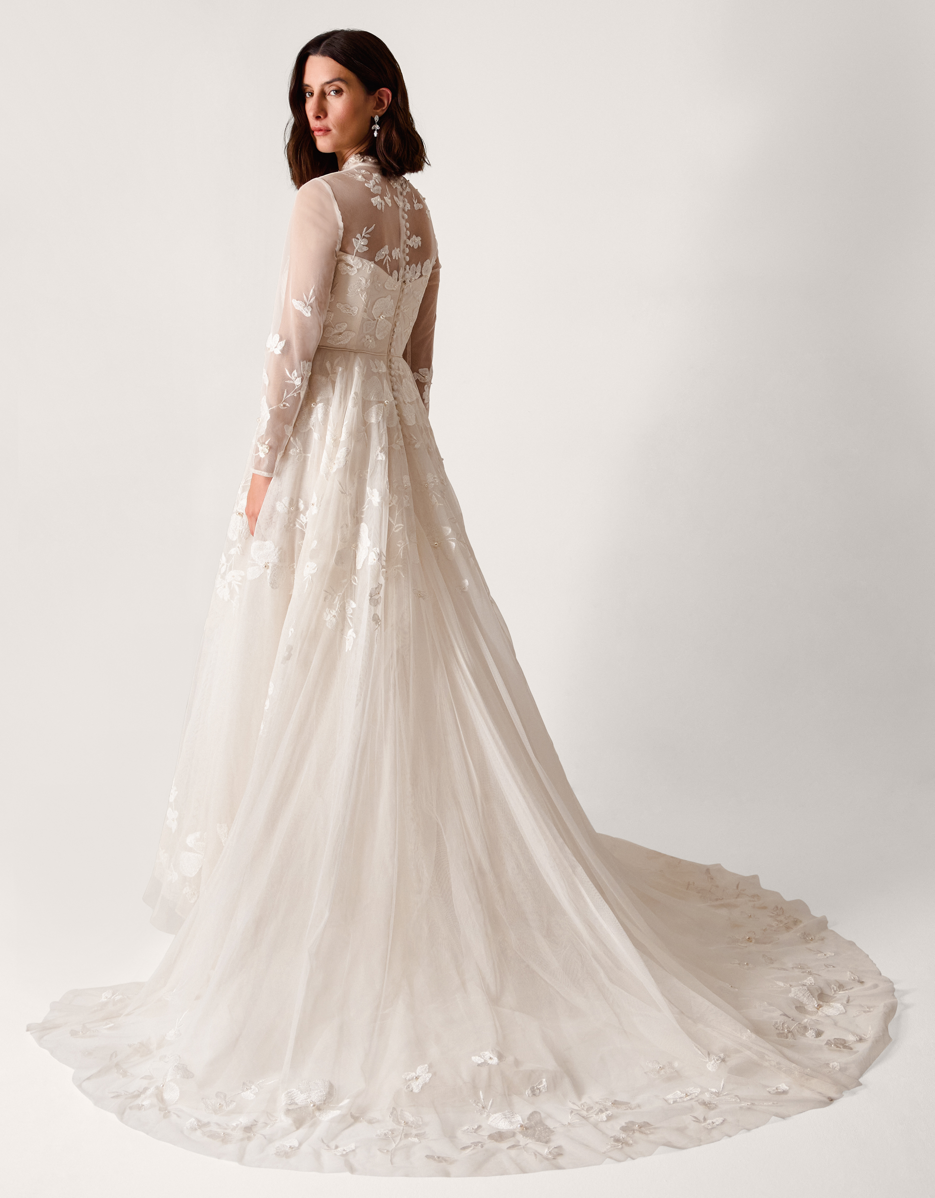 Monsoon Lorelai Long Sleeve Floral Embellished Mesh Wedding Dress, view 3