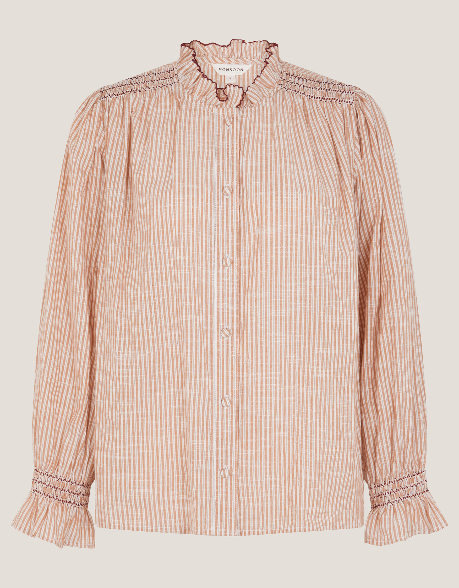 Monsoon Maeve Ruffle Stripe Shirt in Camel, view 5