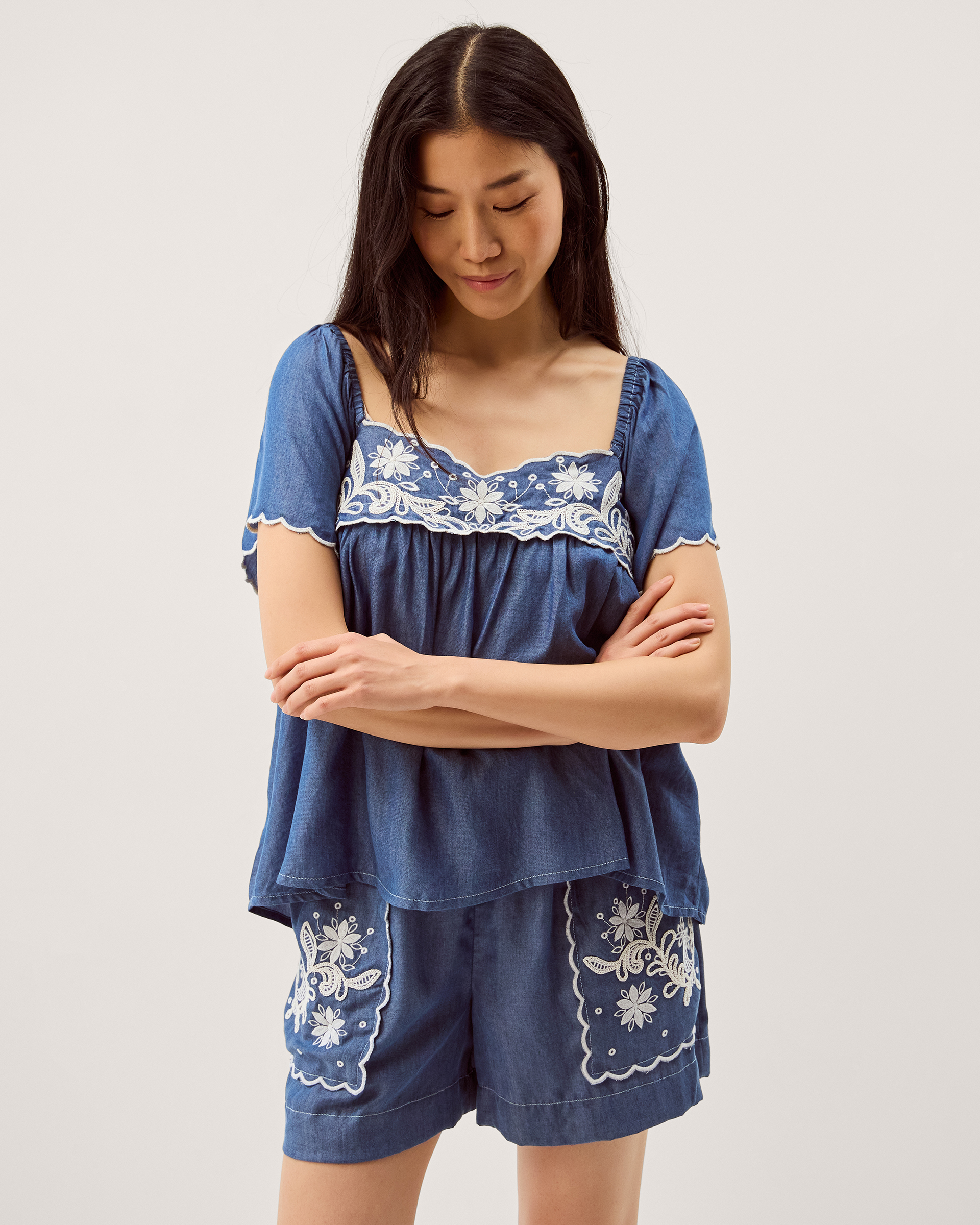 Monsoon Isla Short Sleeve Embroidered Denim Top in blue