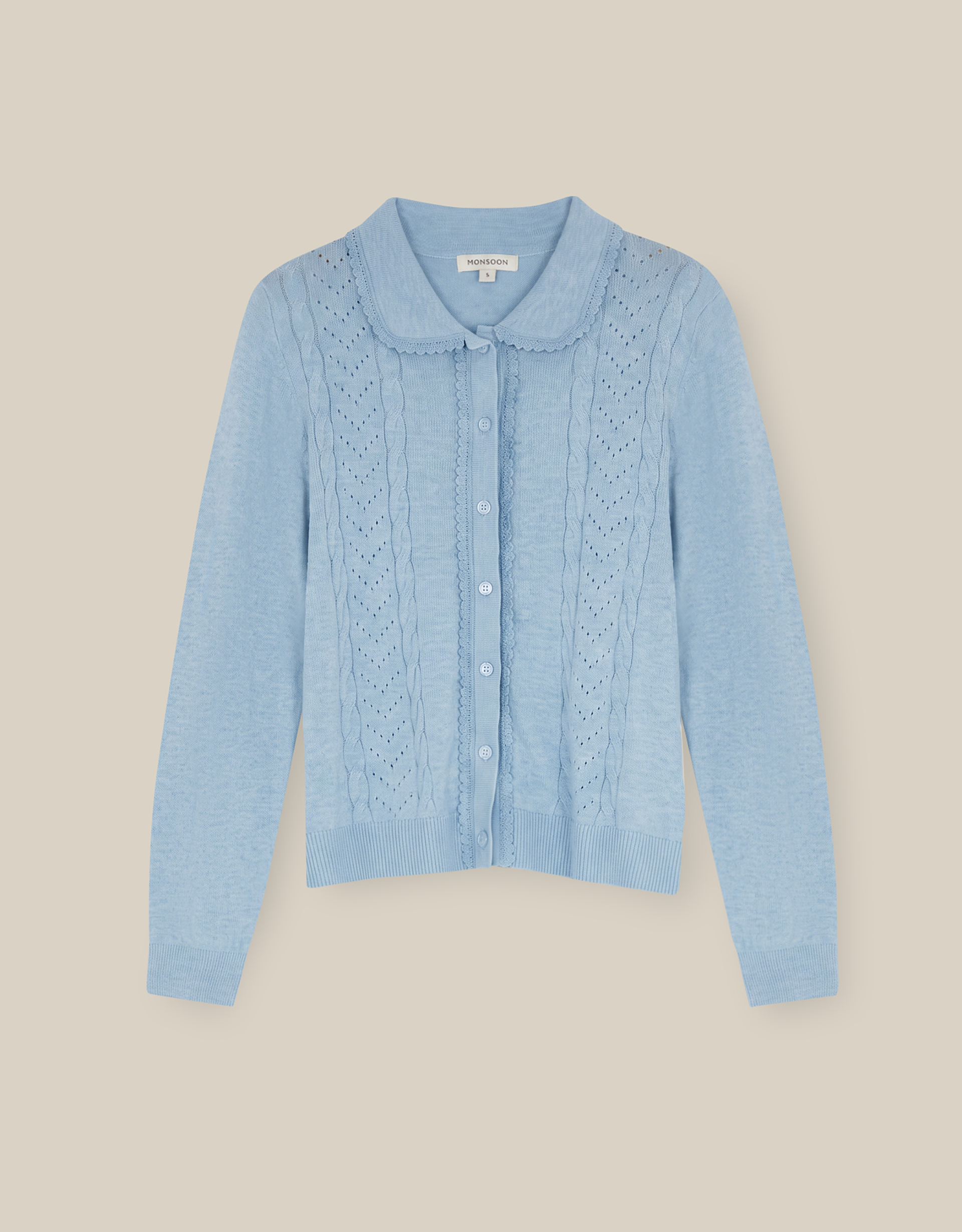 Monsoon Carey Cable Knit Cardigan in Blue, view 5