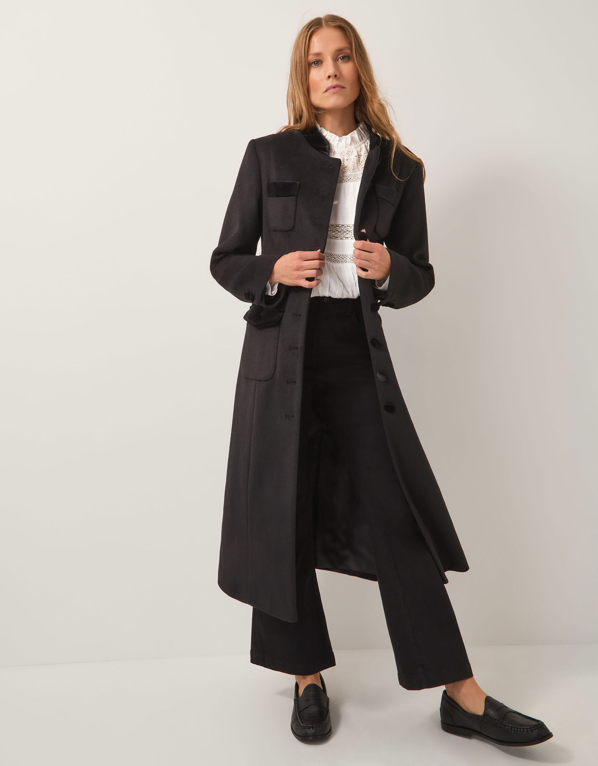 Monsoon Viv Velvet Trim Military Coat in Black