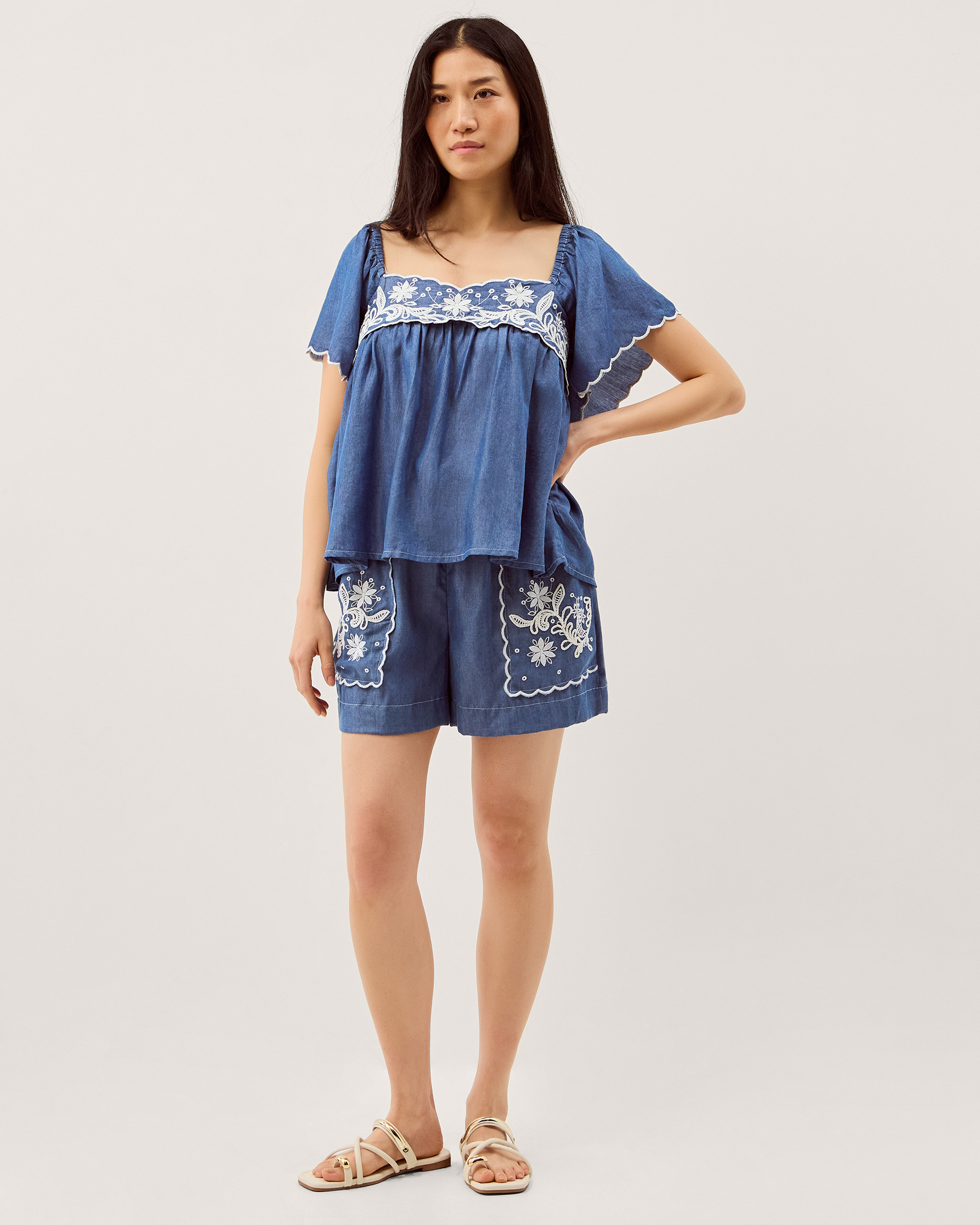 Monsoon Isla Short Sleeve Embroidered Denim Top, view 2