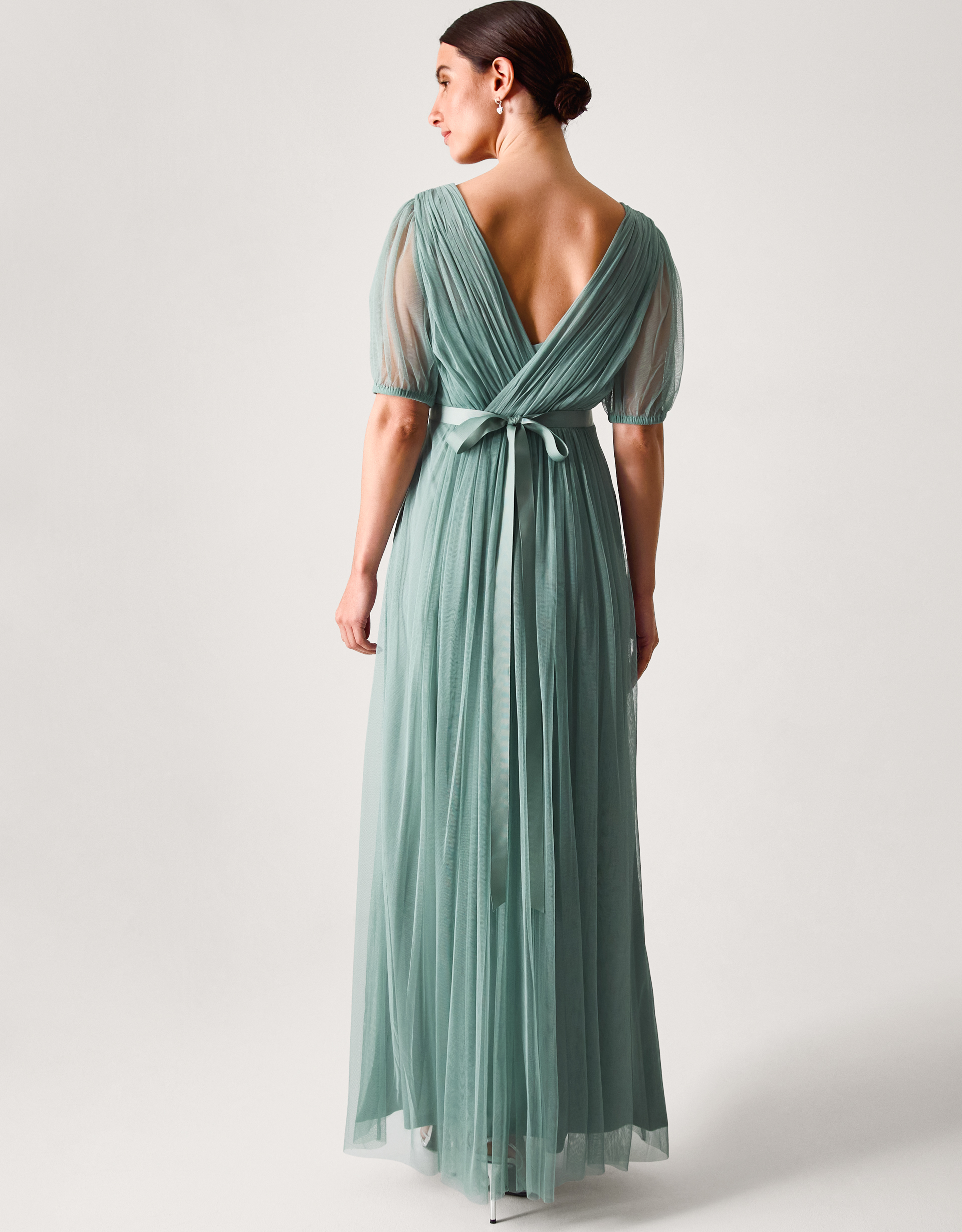 Monsoon Ellie Sheer Sleeve Plunge Tulle Maxi Dress in Green, view 3
