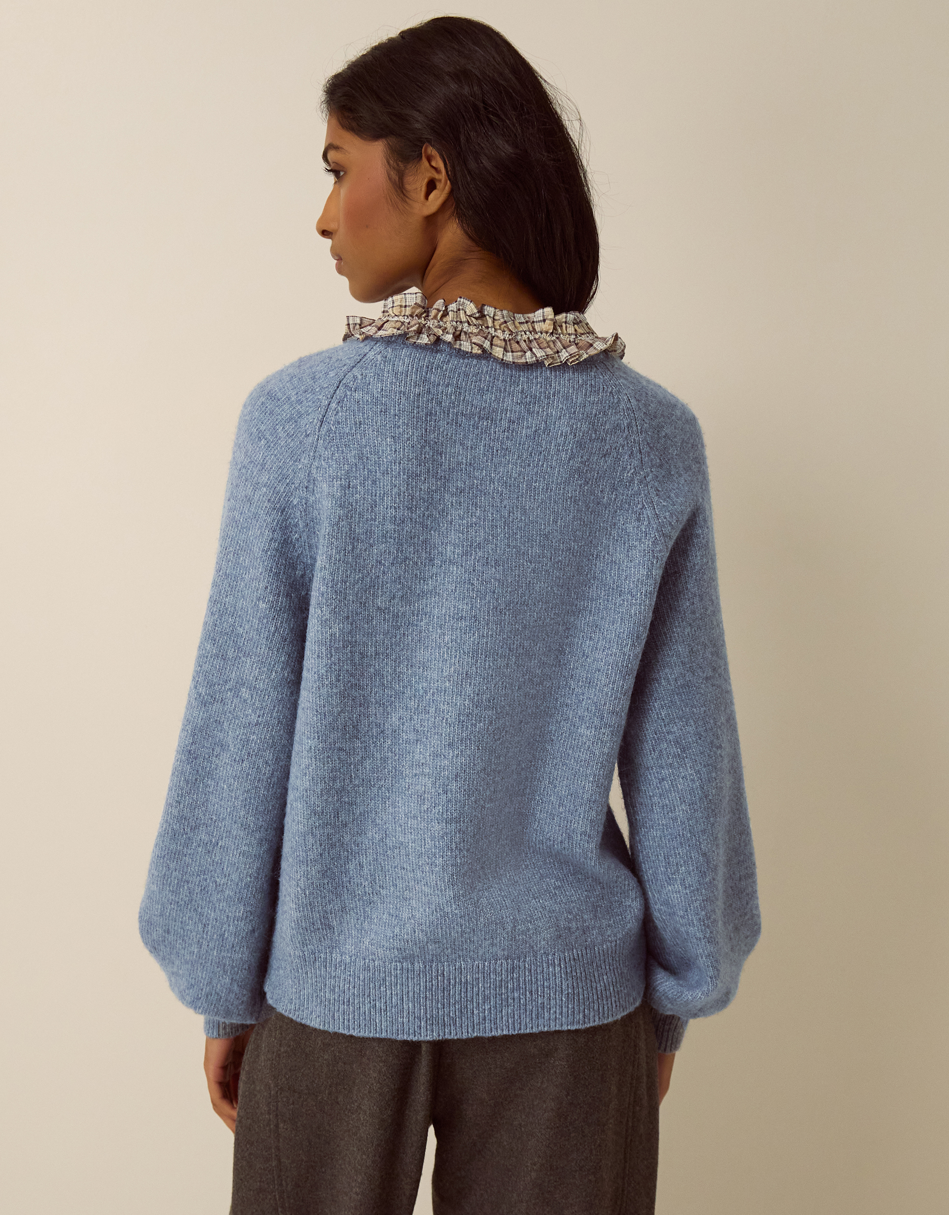 Monsoon Corie Check Ruffle Collar Jumper, view 3