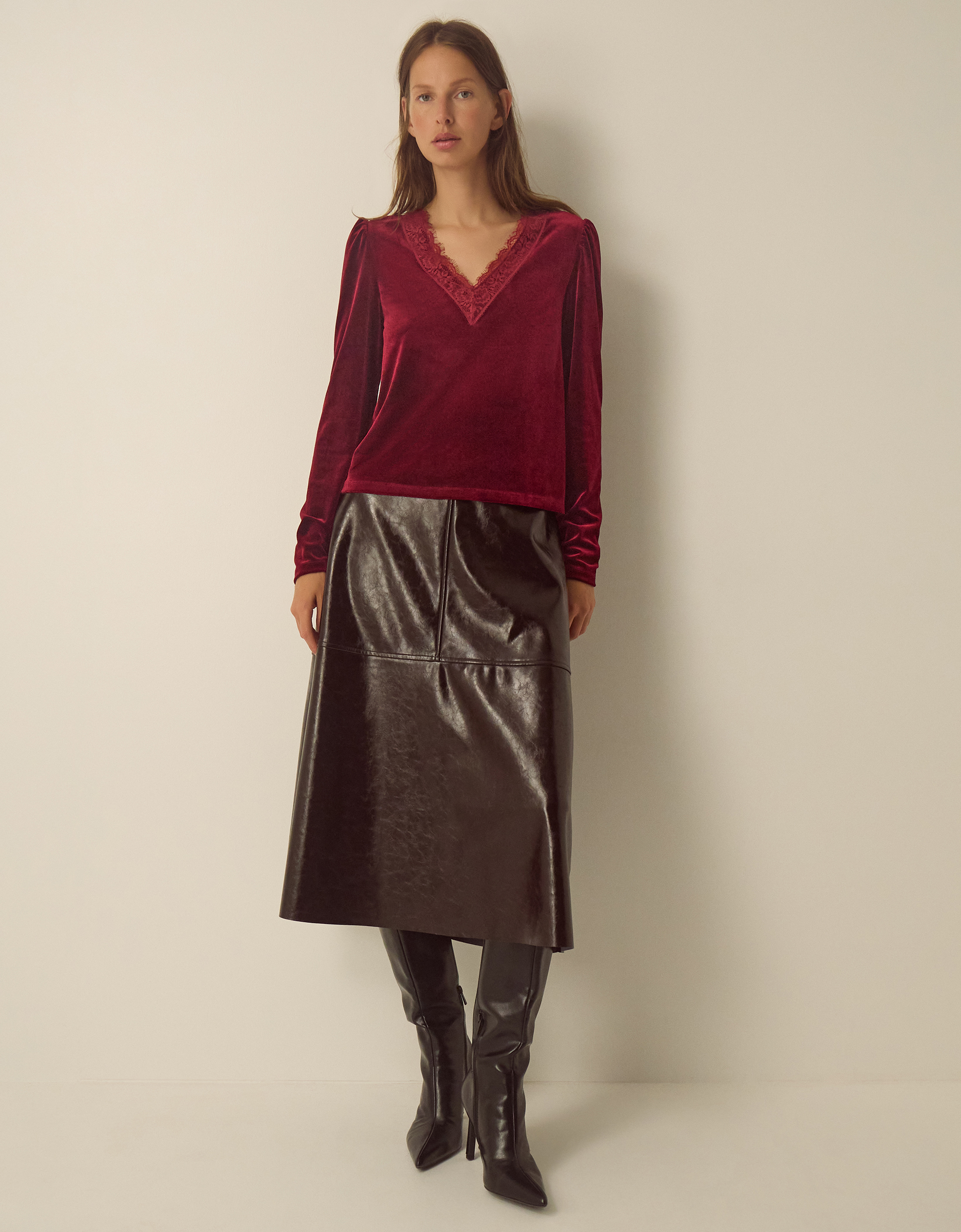 Monsoon Lexi Lace Trim Velvet Top in Red, view 4