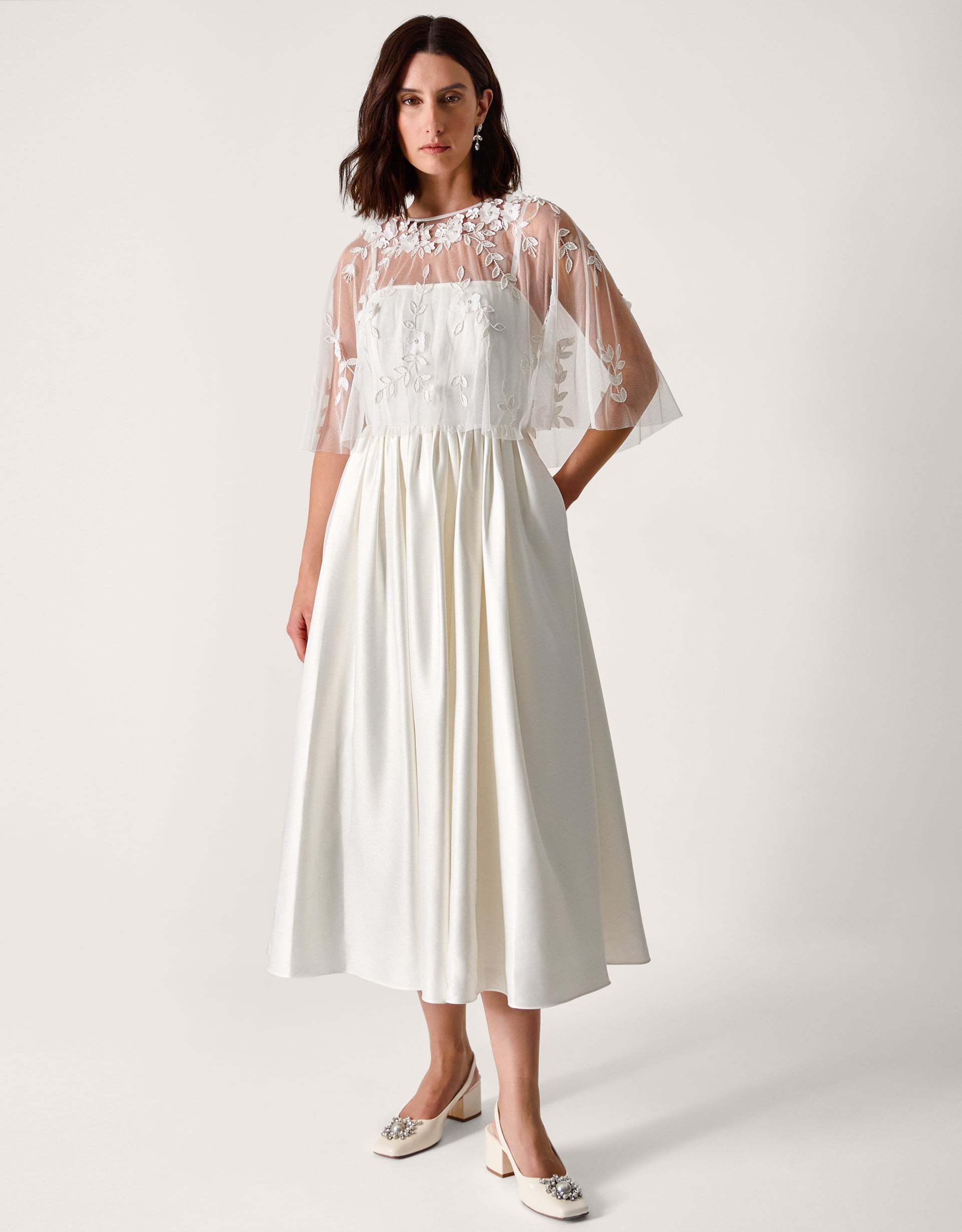 Monsoon Celeste Satin Wedding Dress with Floral Embellished Cape