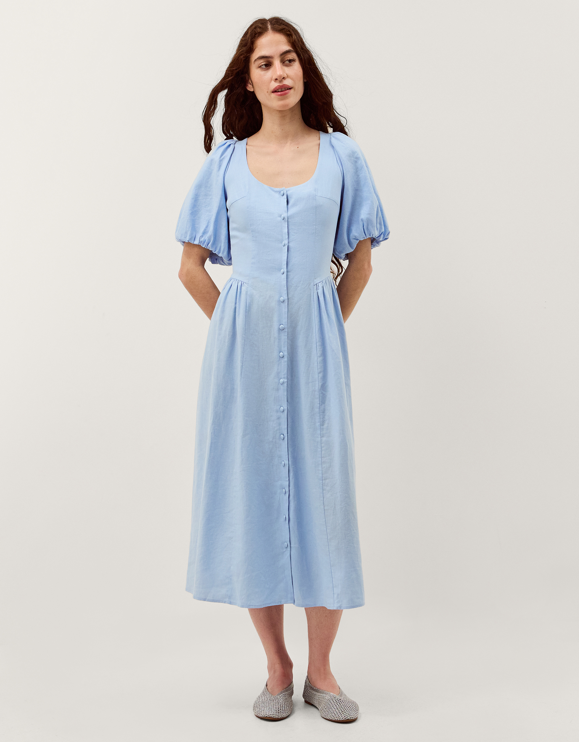 Monsoon Lottie Puff Sleeve Linen Blend Midi Dress