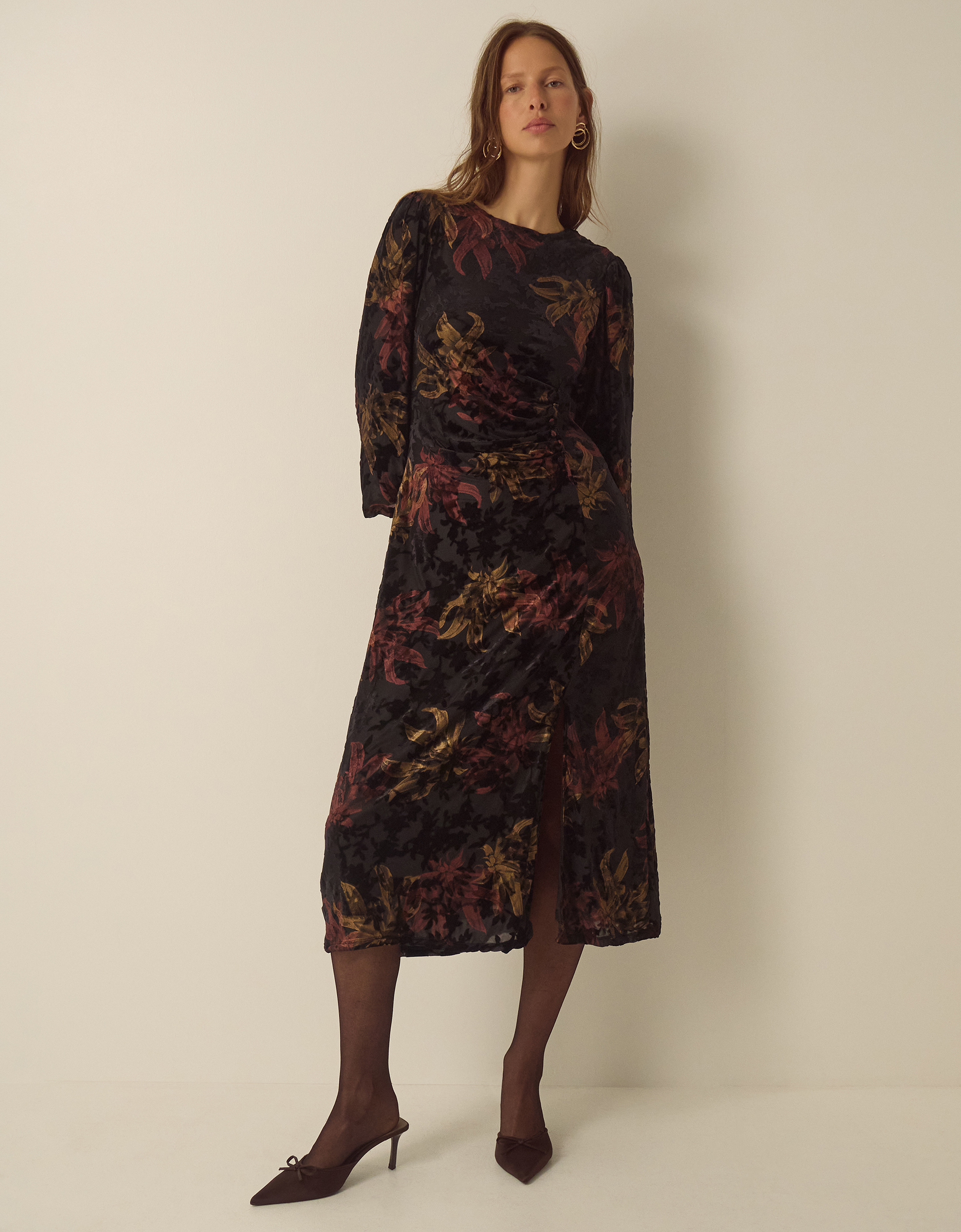 Dora Long Sleeve Floral Devoré Midi Dress Black