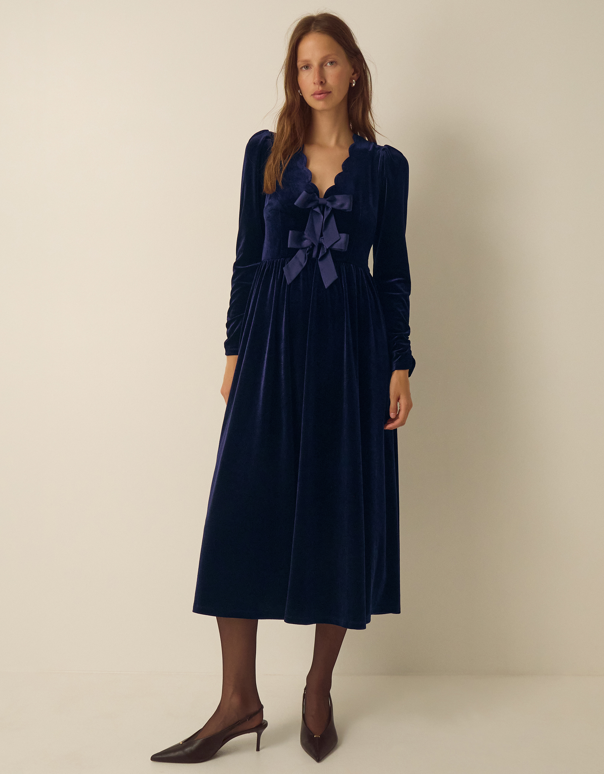 Monsoon Britney V-Neck Bow Velvet Midi Dress Blue