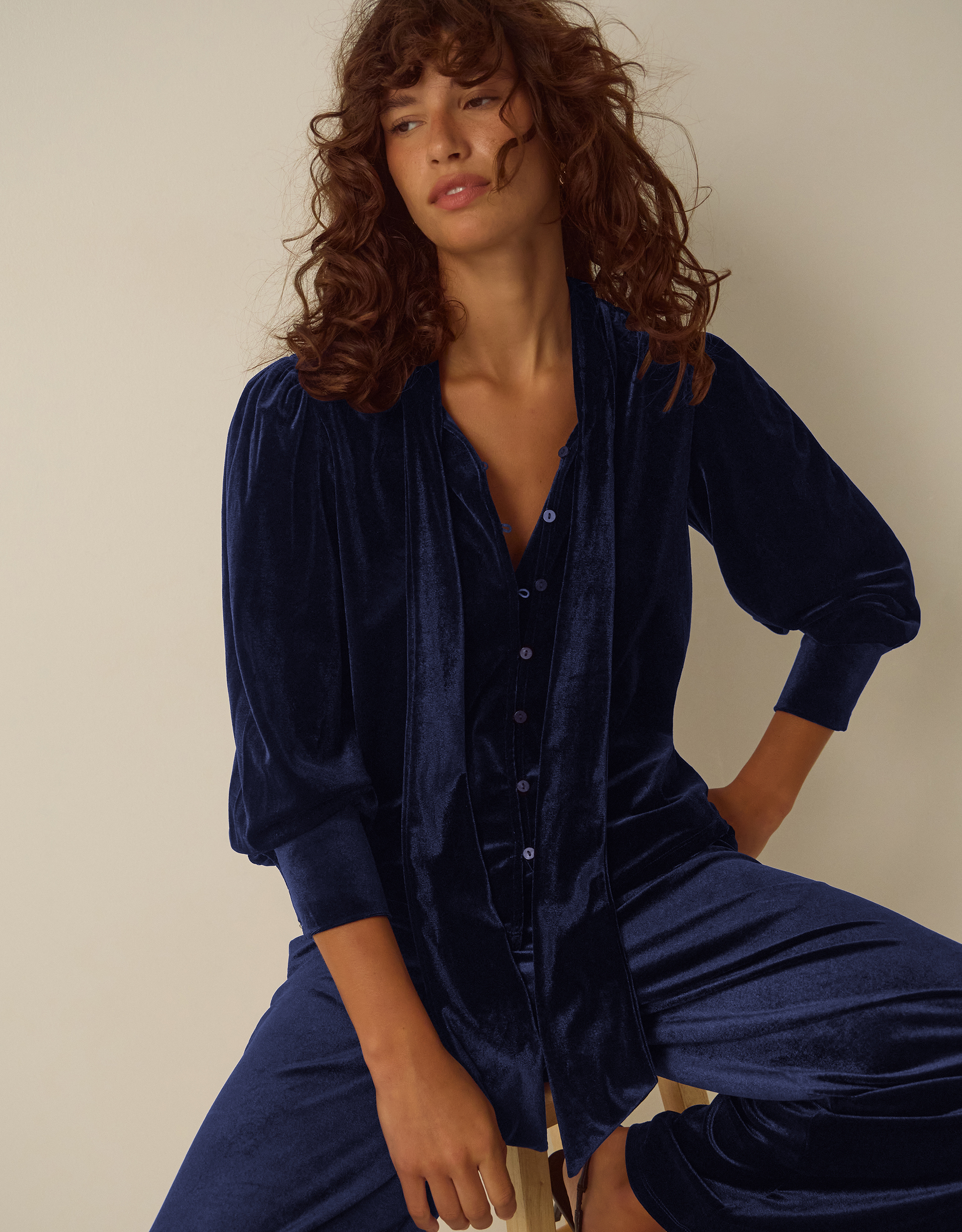 Monsoon Tessa Neck Tie Velvet Shirt in blue