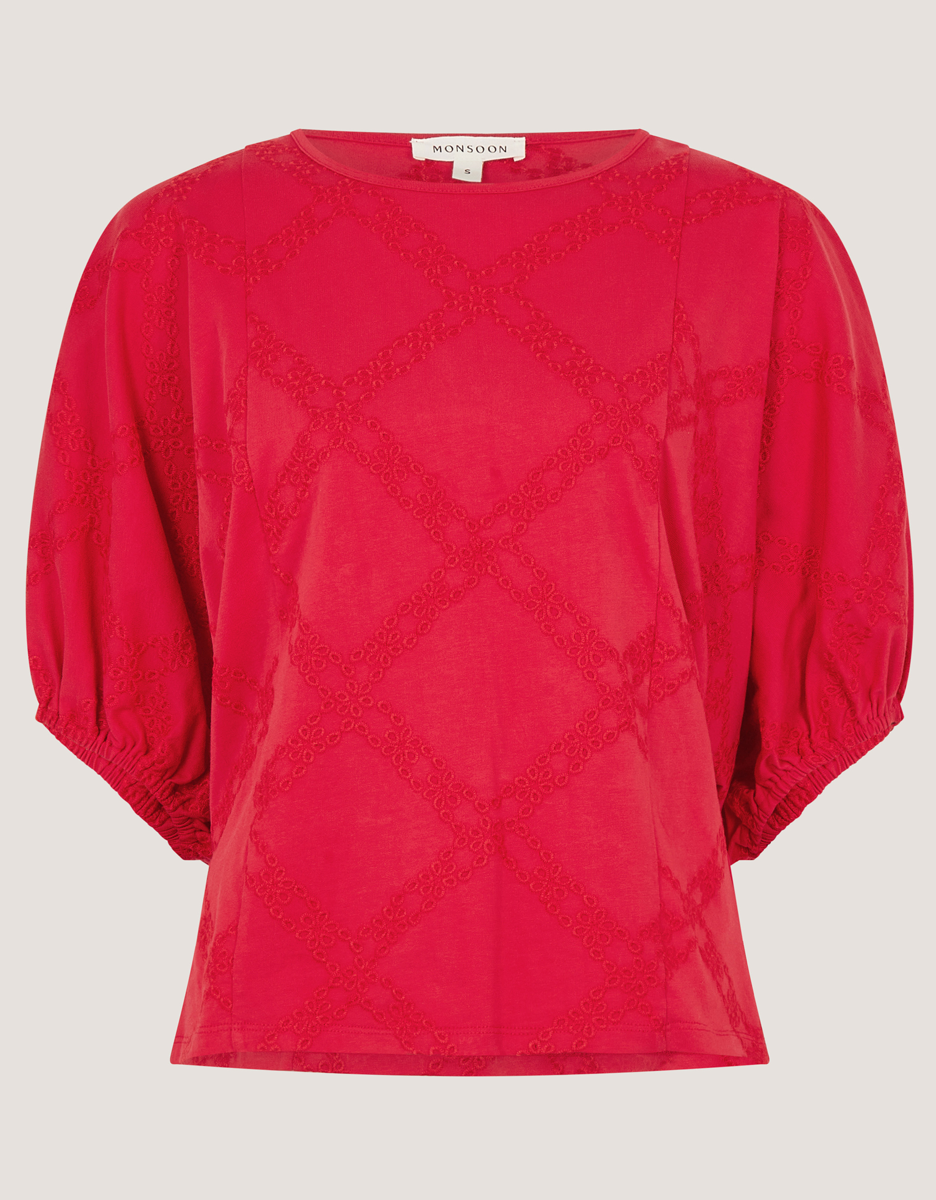Monsoon Ellie Puff Sleeve Embroidered Jersey Top in Red, view 5
