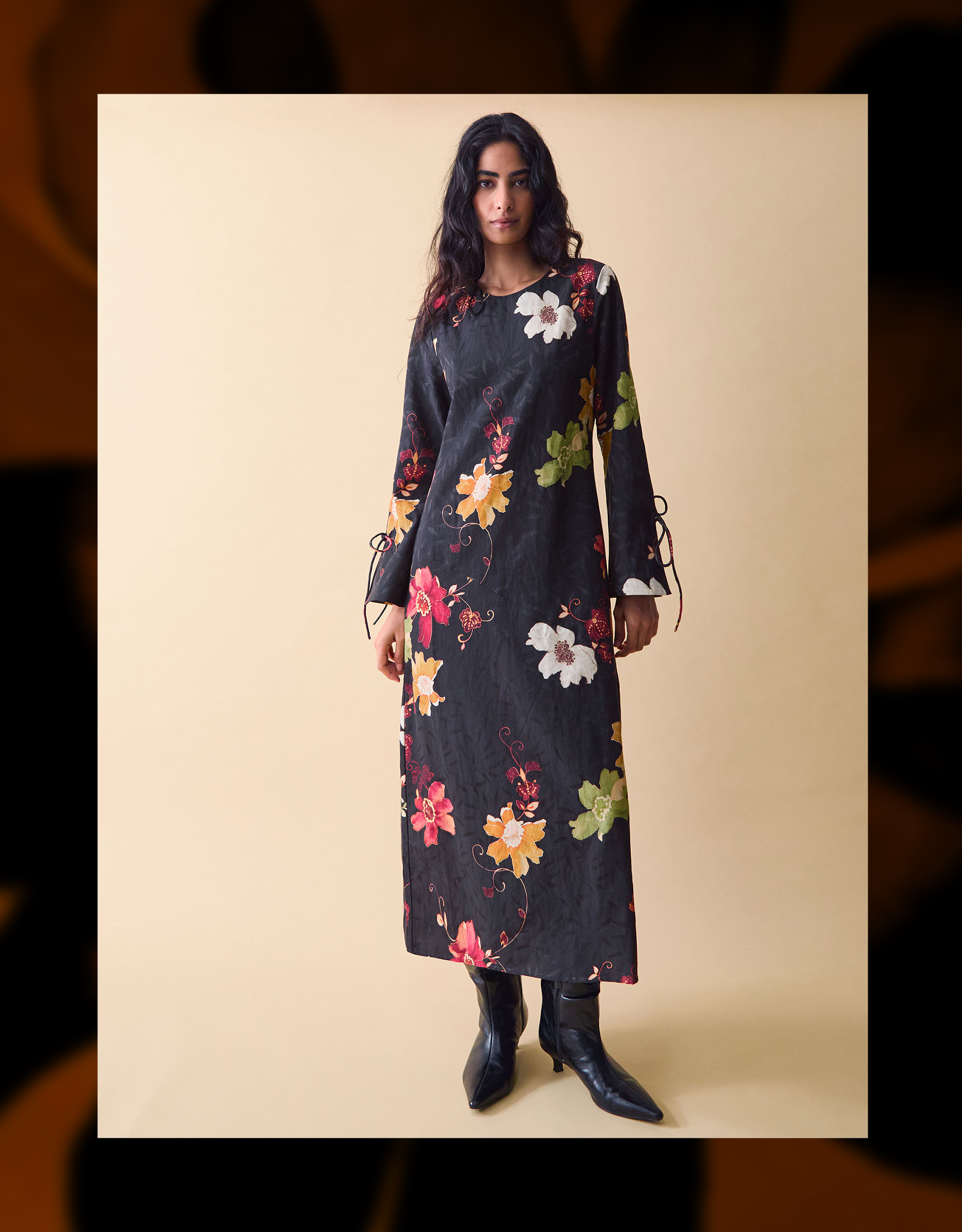 Monsoon Clemence Women's Black & Pink Cotton Floral Print Camille Jacquard Midi Dress