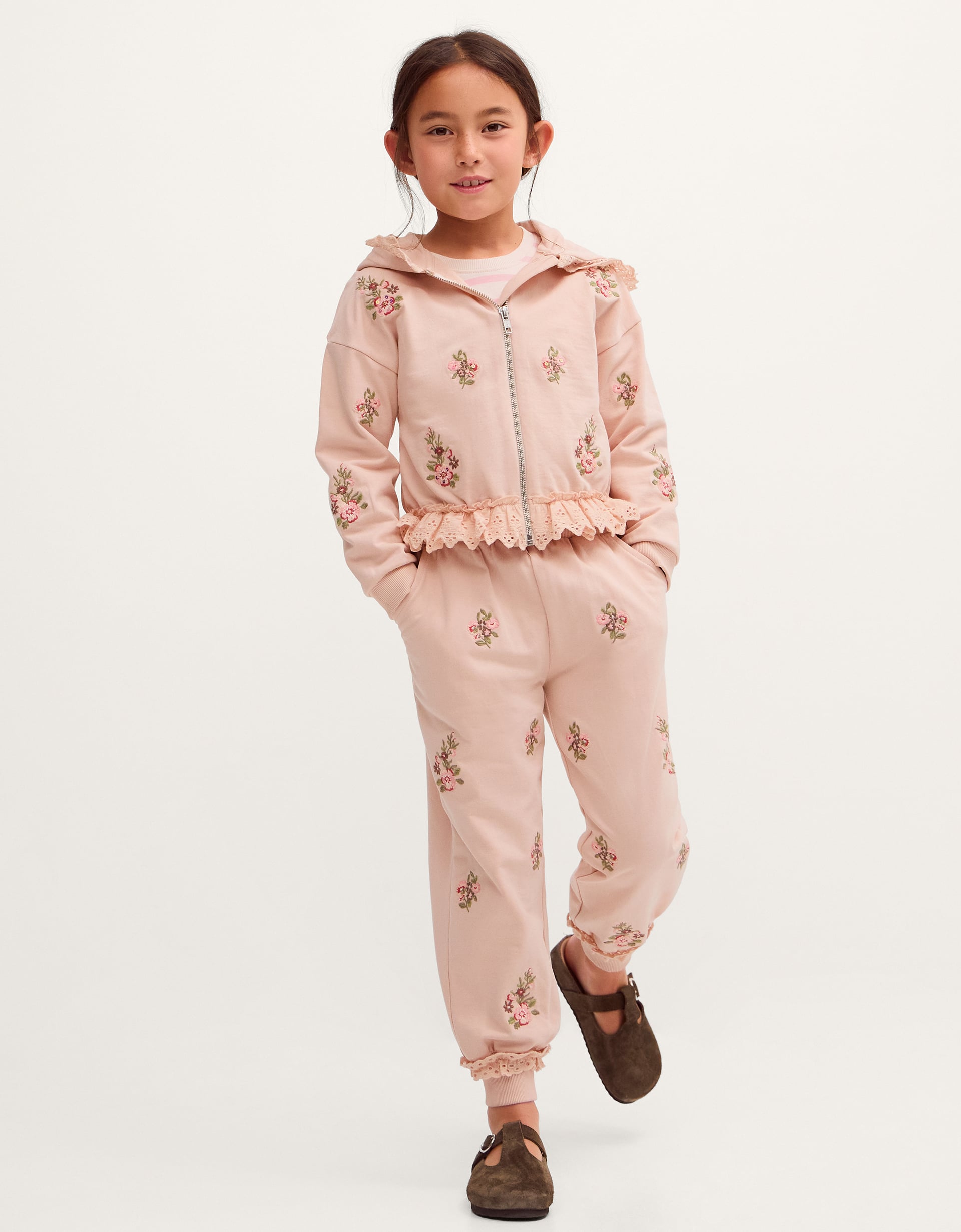 Floral Embroidered Broderie Joggers Pink