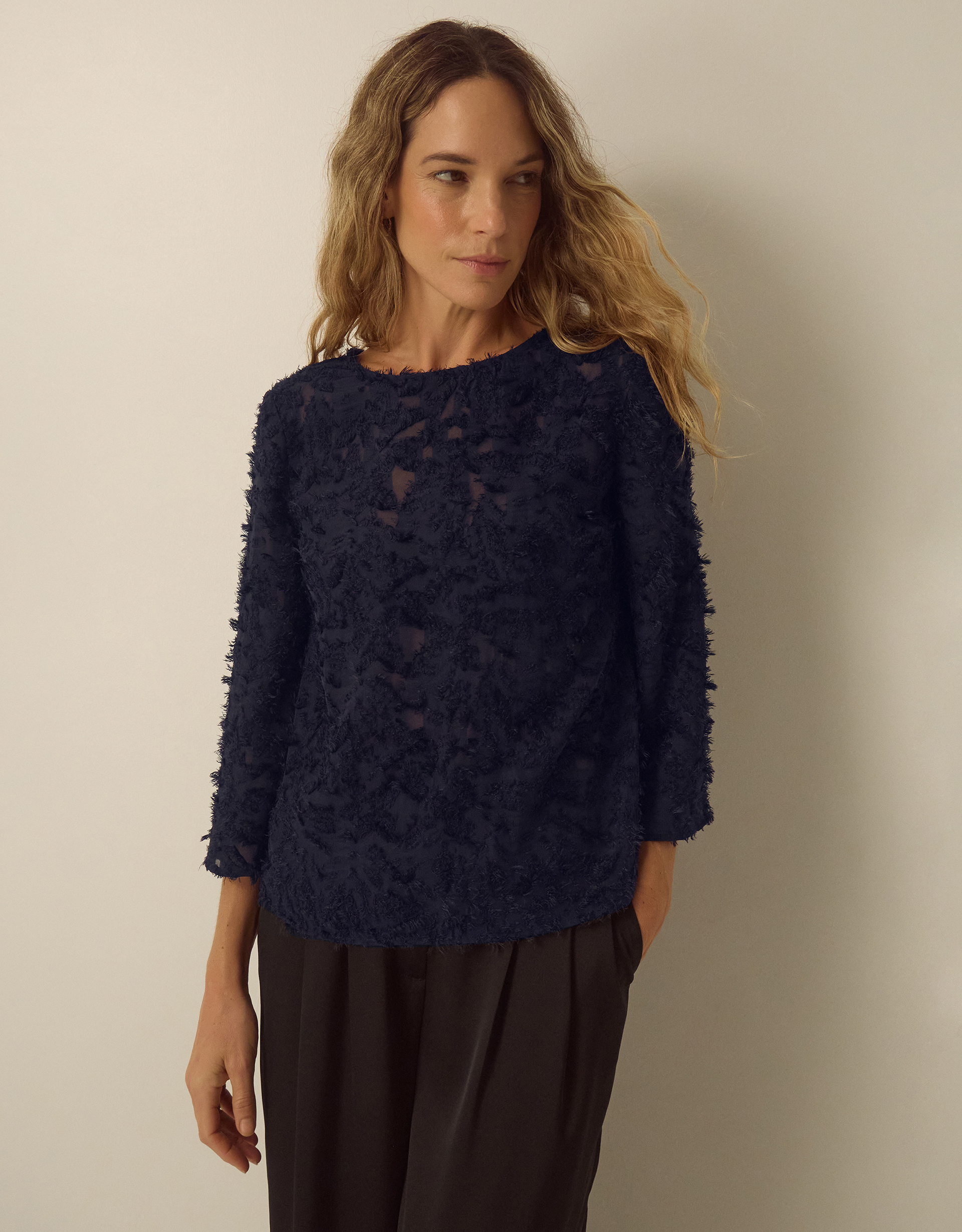 Monsoon Chrissy Bell Sleeve Textured Fringe Top in Blue